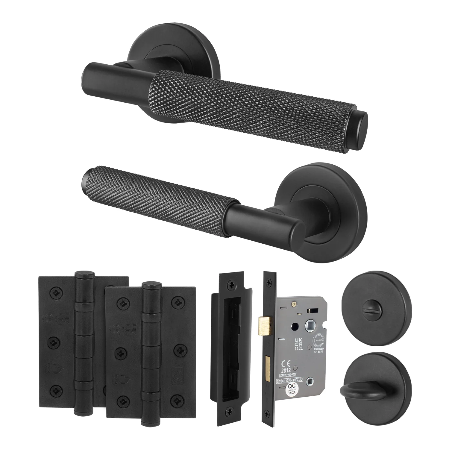 Dinis Matt Black Lever on Rose Door Handle Pack - 80mm Bathroom Lock