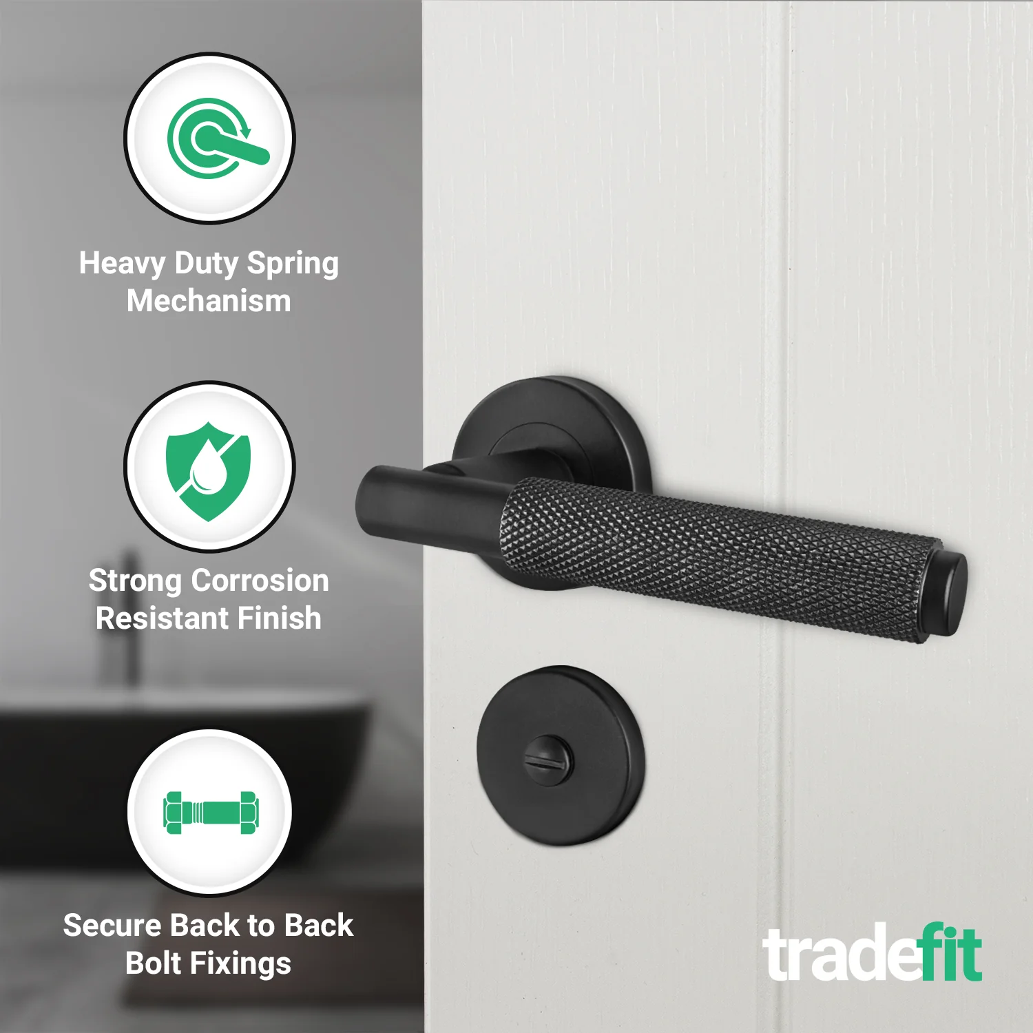 Dinis Matt Black Lever on Rose Door Handle Pack - 80mm Bathroom Lock - Image 4