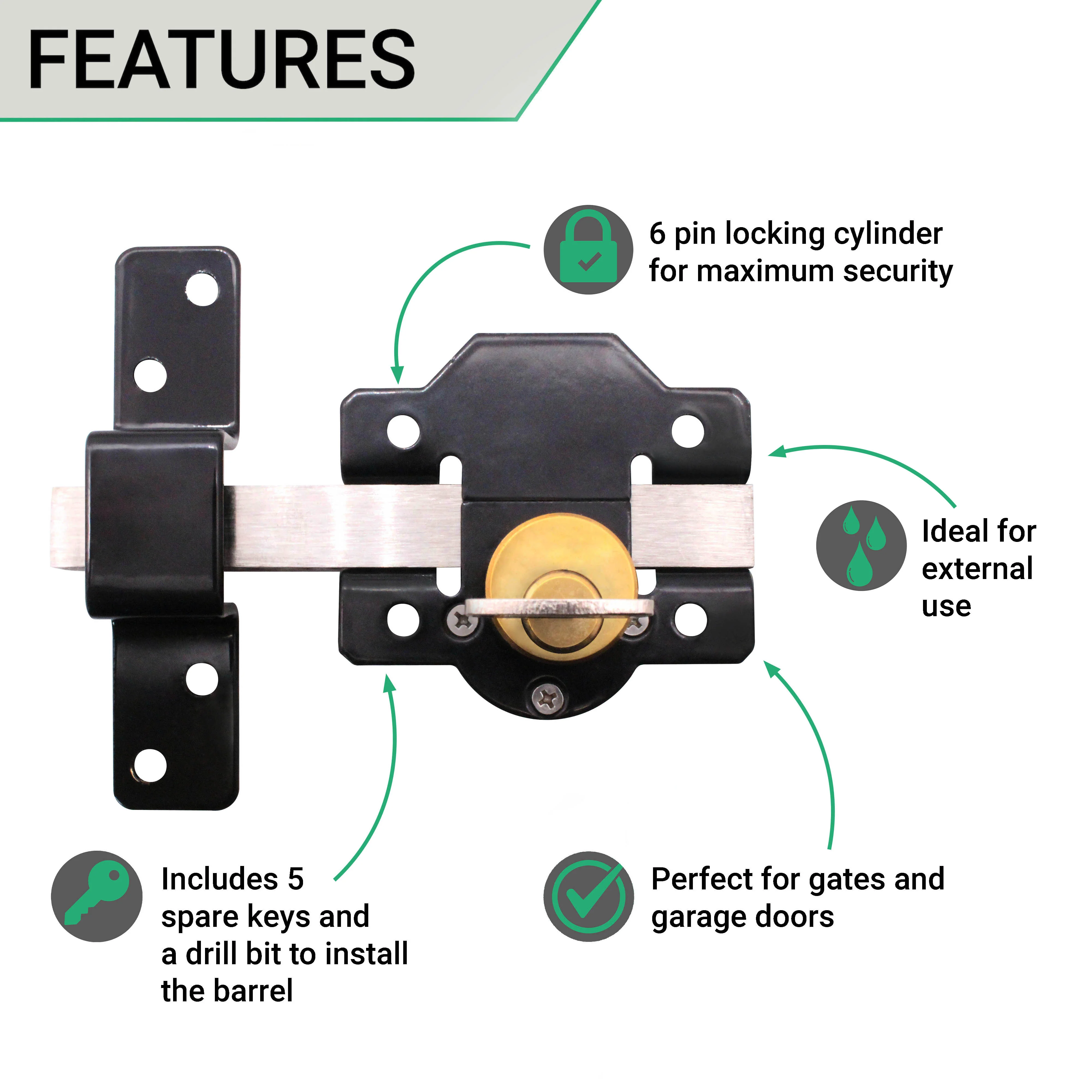 Long Throw Gate Lock & Pull Handle - Single Locking - 70mm - Image 2