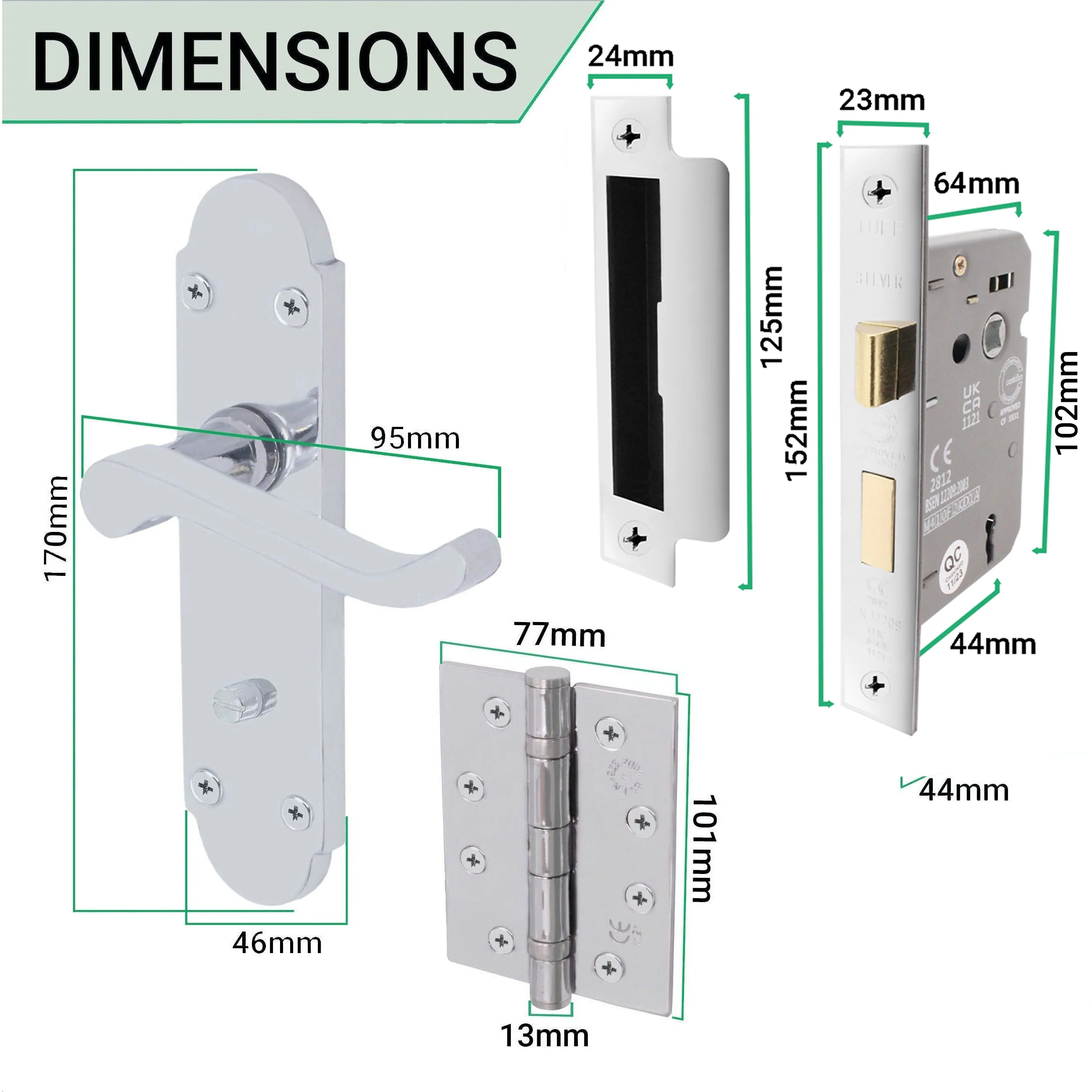 Victorian Rectory Polished Chrome Lever Door Handle Pack - 64mm Bathroom Lock - 102mm Hinges - Image 3
