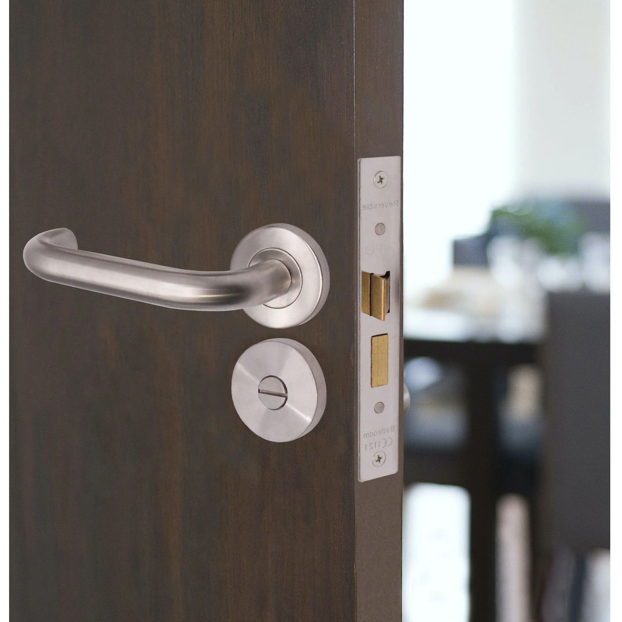 Return To Door Lever on Rose Handle Bathroom Lock Kit - Satin Stainless Steel - 102mm Hinges - 64mm Lock - Image 6