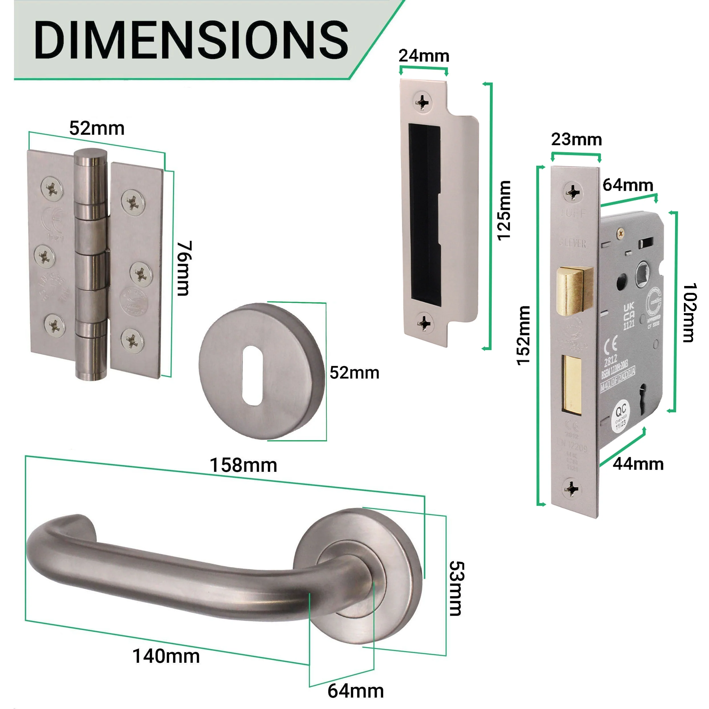 Return To Door Lever on Rose Handle Sash Lock Kit - Satin Stainless Steel - 76mm Hinges -64mm Lock - Image 3