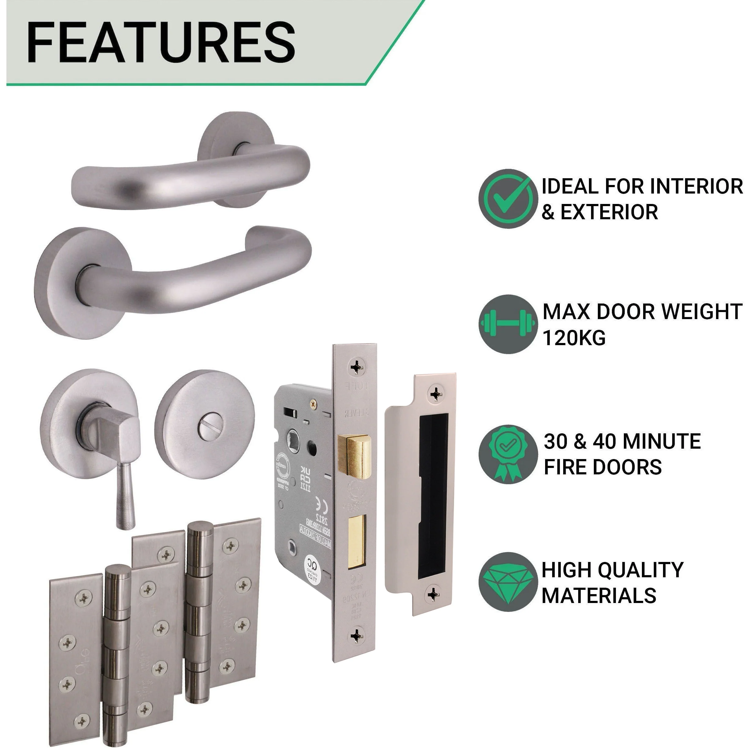 Return To Door Lever on Rose Handle Bathroom Lock Kit - Satin Aluminium- 102mm Hinges - 64mm Lock - Image 2