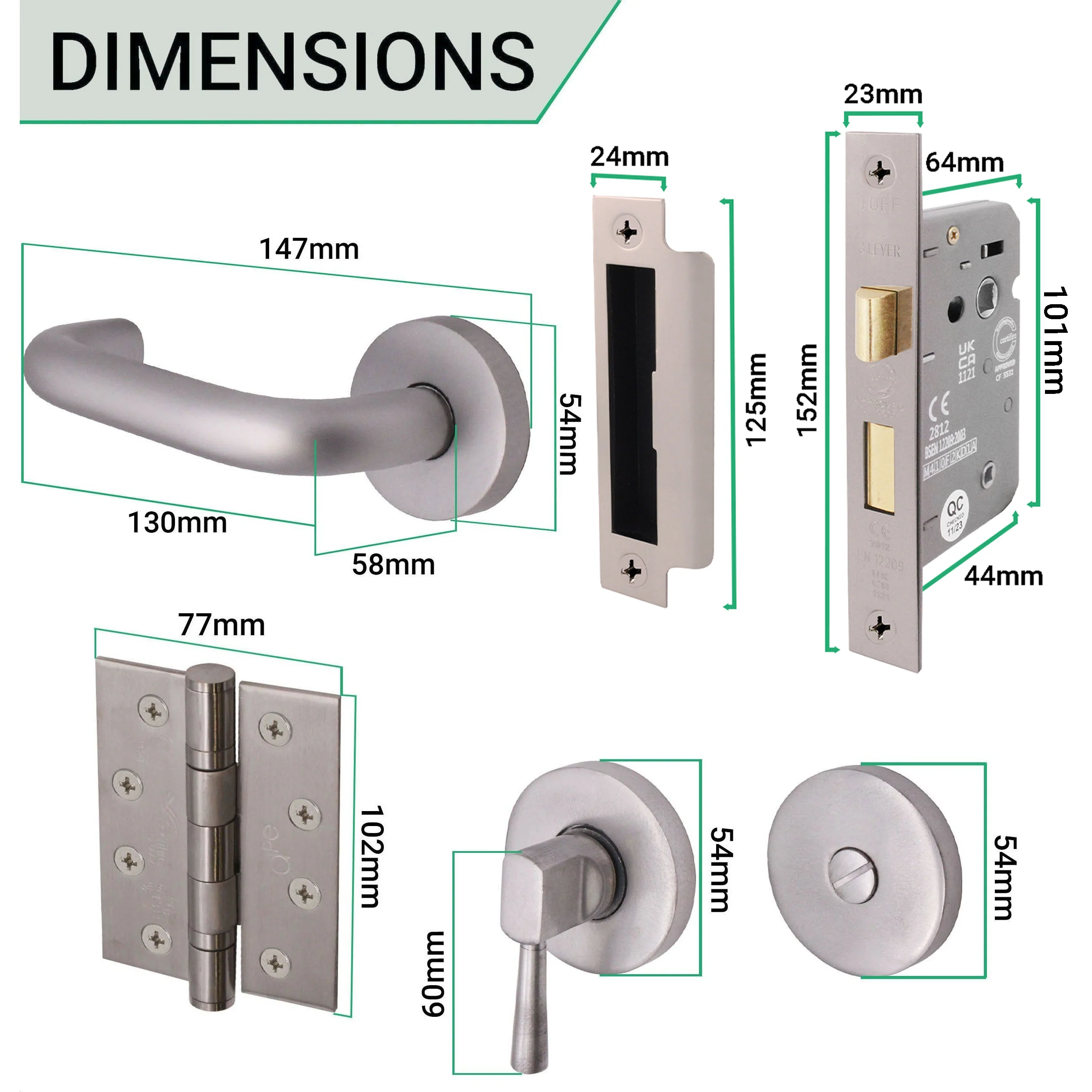Return To Door Lever on Rose Handle Bathroom Lock Kit - Satin Aluminium- 102mm Hinges - 64mm Lock - Image 3