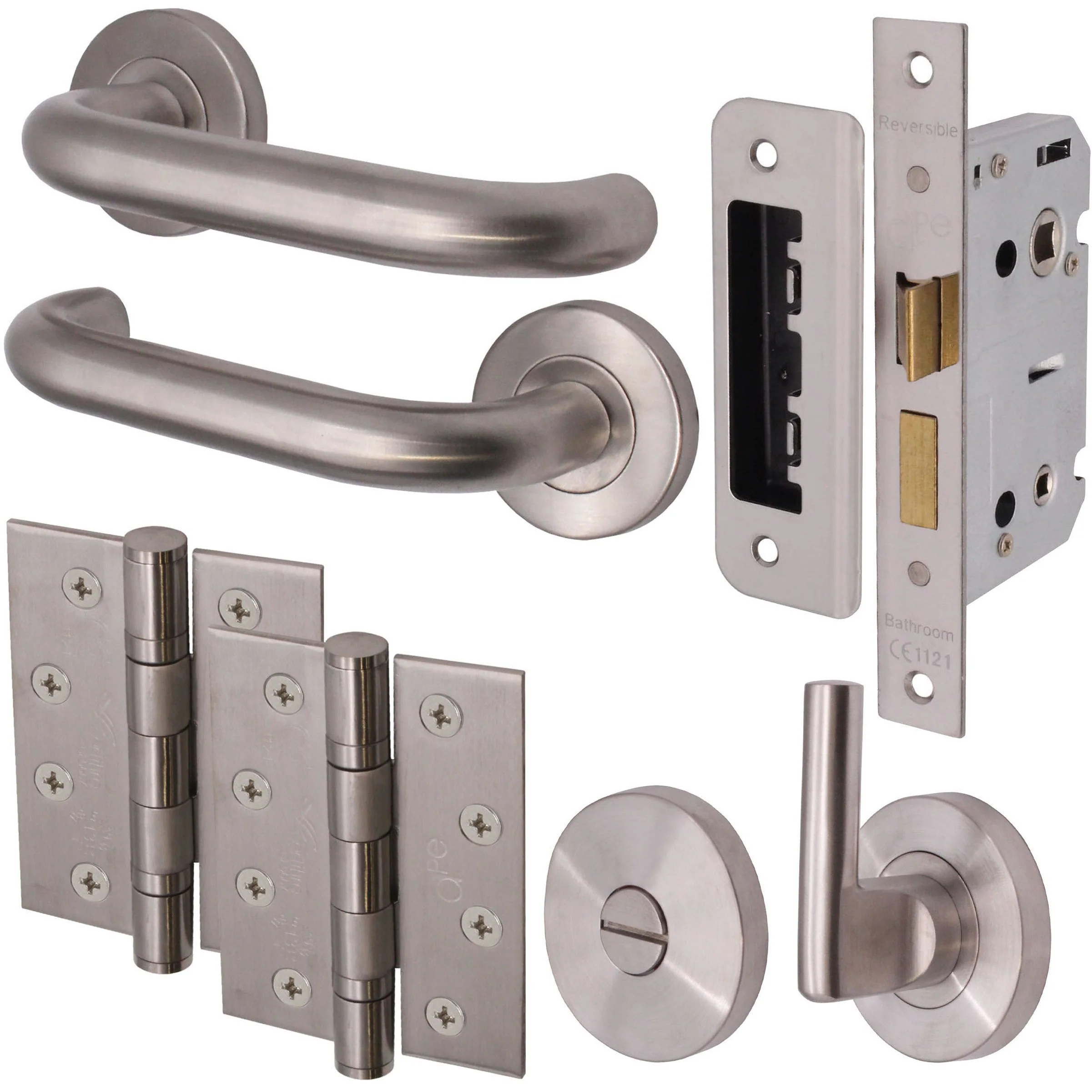 Return To Door Lever on Rose Handle Bathroom Lock Kit - Satin Stainless Steel - 102mm Hinges - 80mm Lock