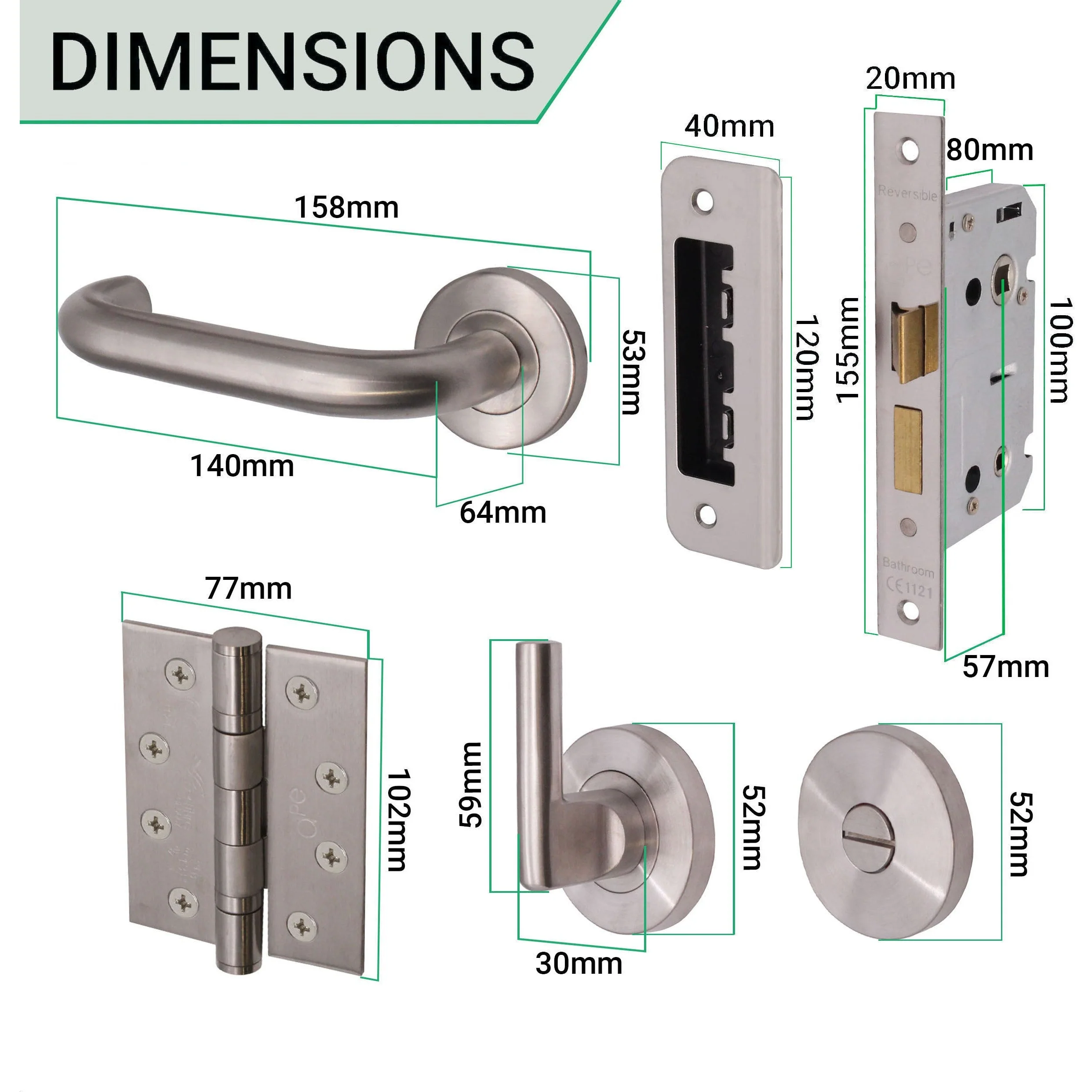 Return To Door Lever on Rose Handle Bathroom Lock Kit - Satin Stainless Steel - 102mm Hinges - 80mm Lock - Image 2