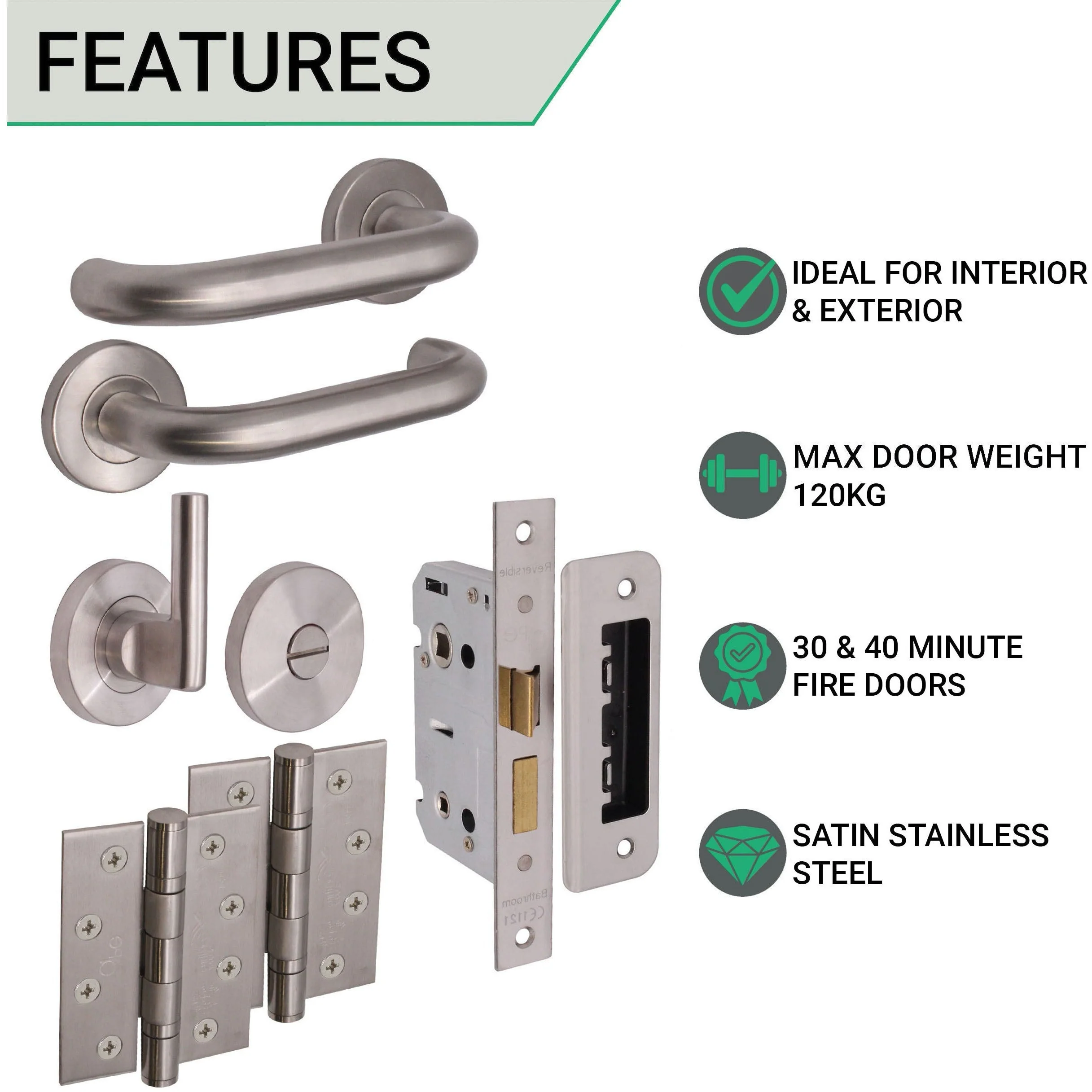 Return To Door Lever on Rose Handle Bathroom Lock Kit - Satin Stainless Steel - 102mm Hinges - 80mm Lock - Image 3