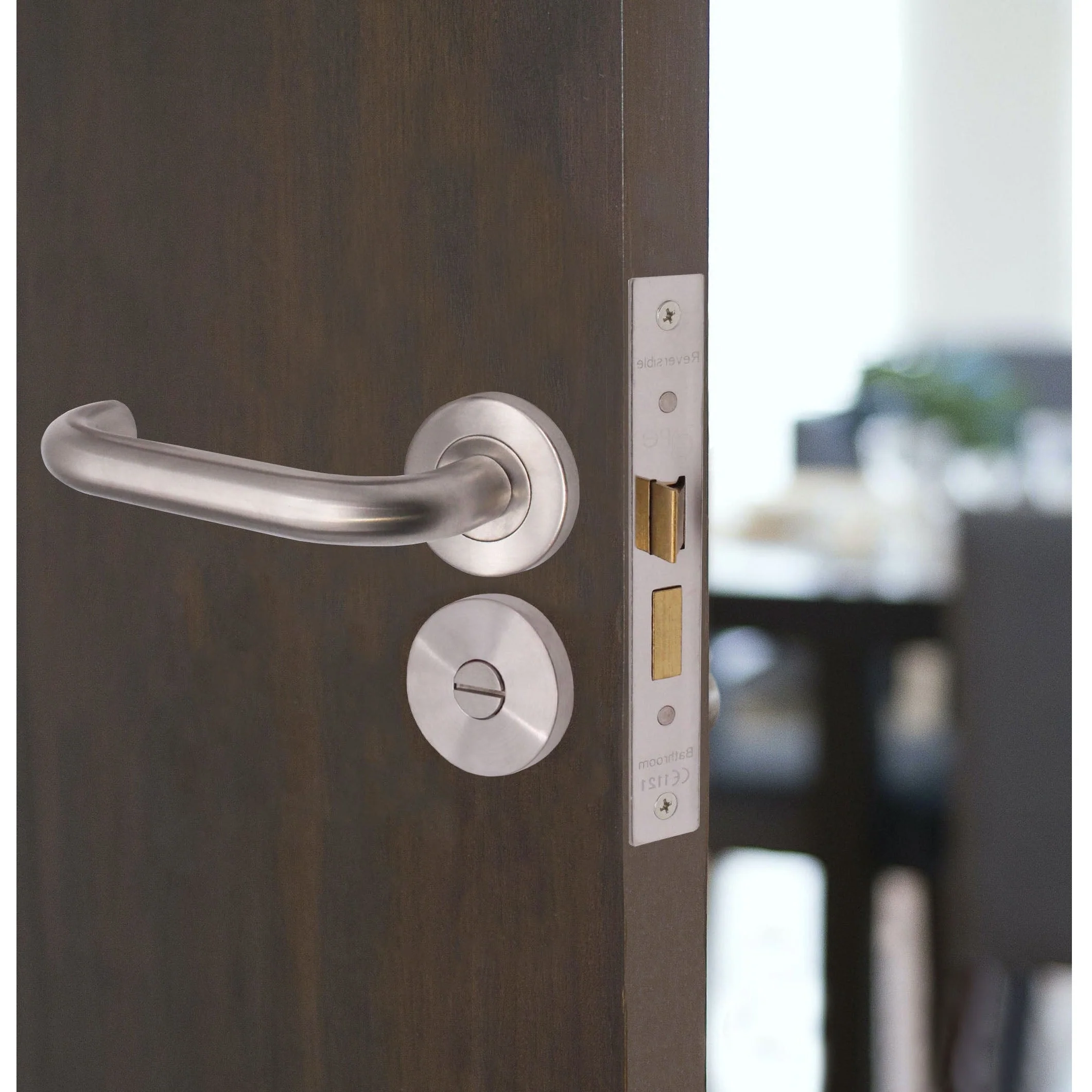 Return To Door Lever on Rose Handle Bathroom Lock Kit - Satin Stainless Steel - 102mm Hinges - 80mm Lock - Image 4