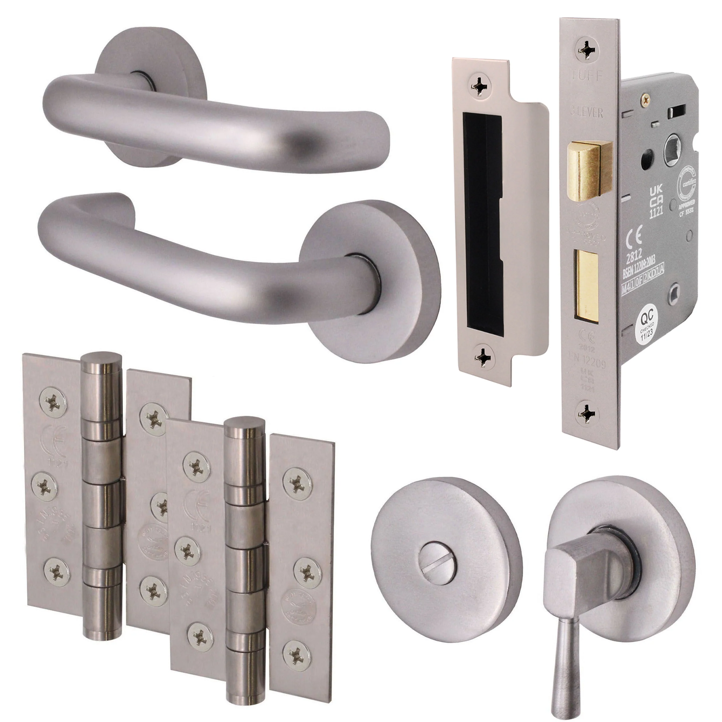 Return To Door Lever on Rose Handle Bathroom Lock Kit - Satin Aluminium - 76mm Hinges - 64mm Lock