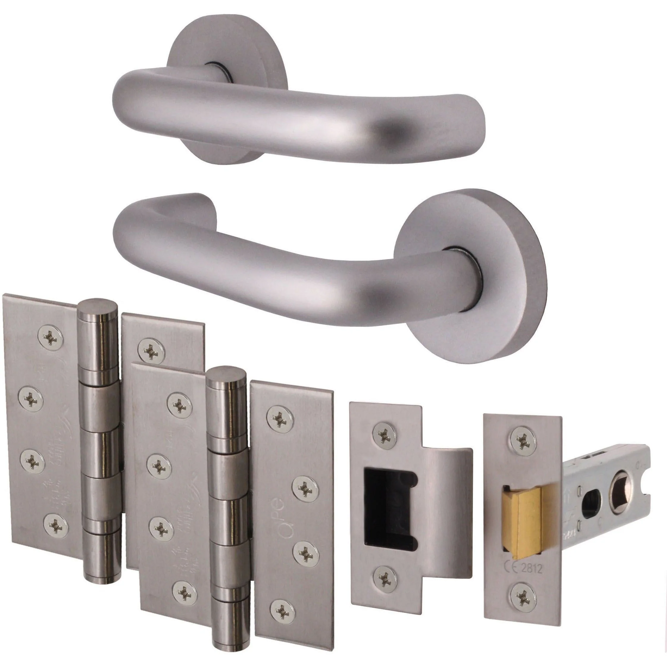 Return To Door Lever on Rose Handle Hinges & Latch Kit – Satin Aluminium - 102mm Hinges -66mm Latch