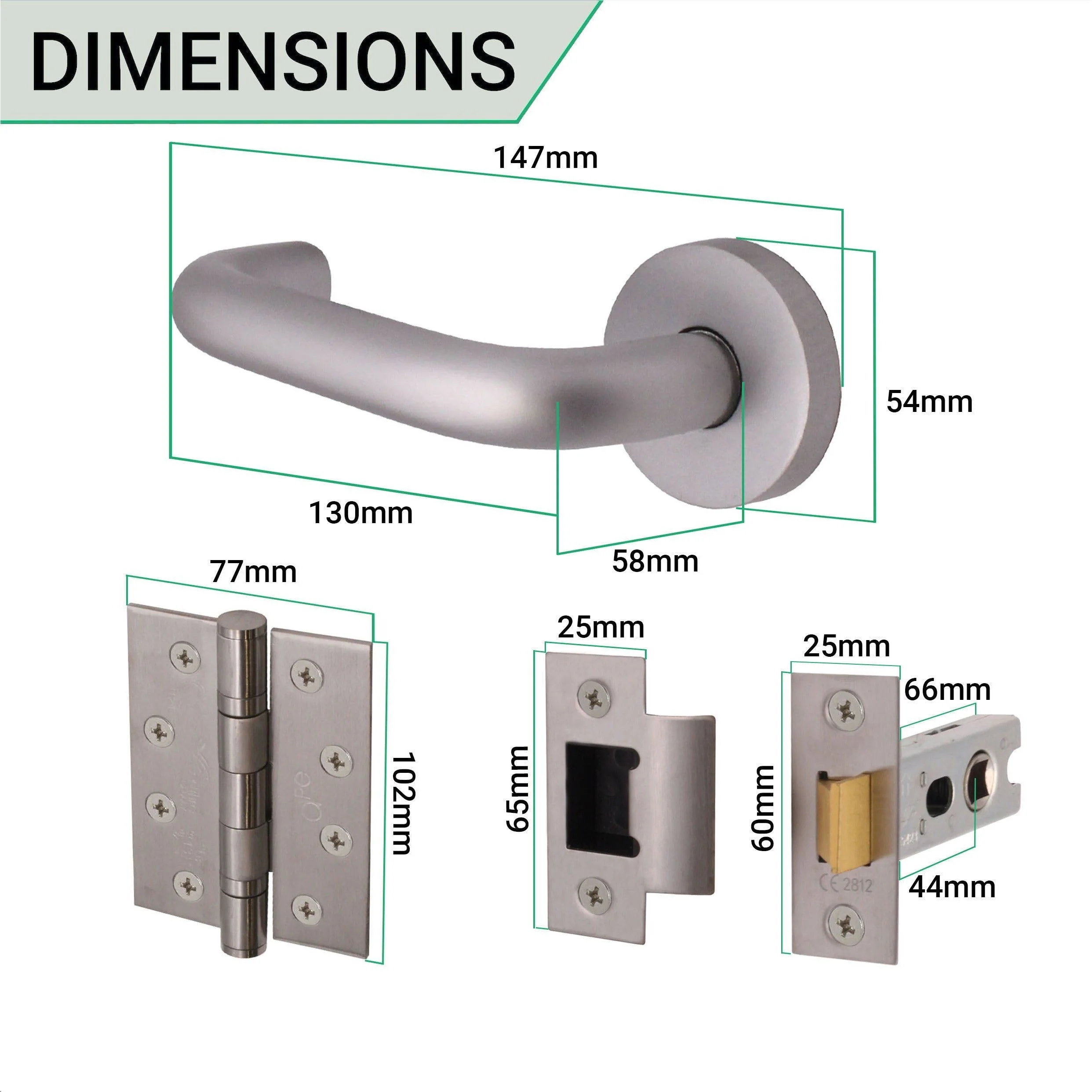Return To Door Lever on Rose Handle Hinges & Latch Kit – Satin Aluminium - 102mm Hinges -66mm Latch - Image 3