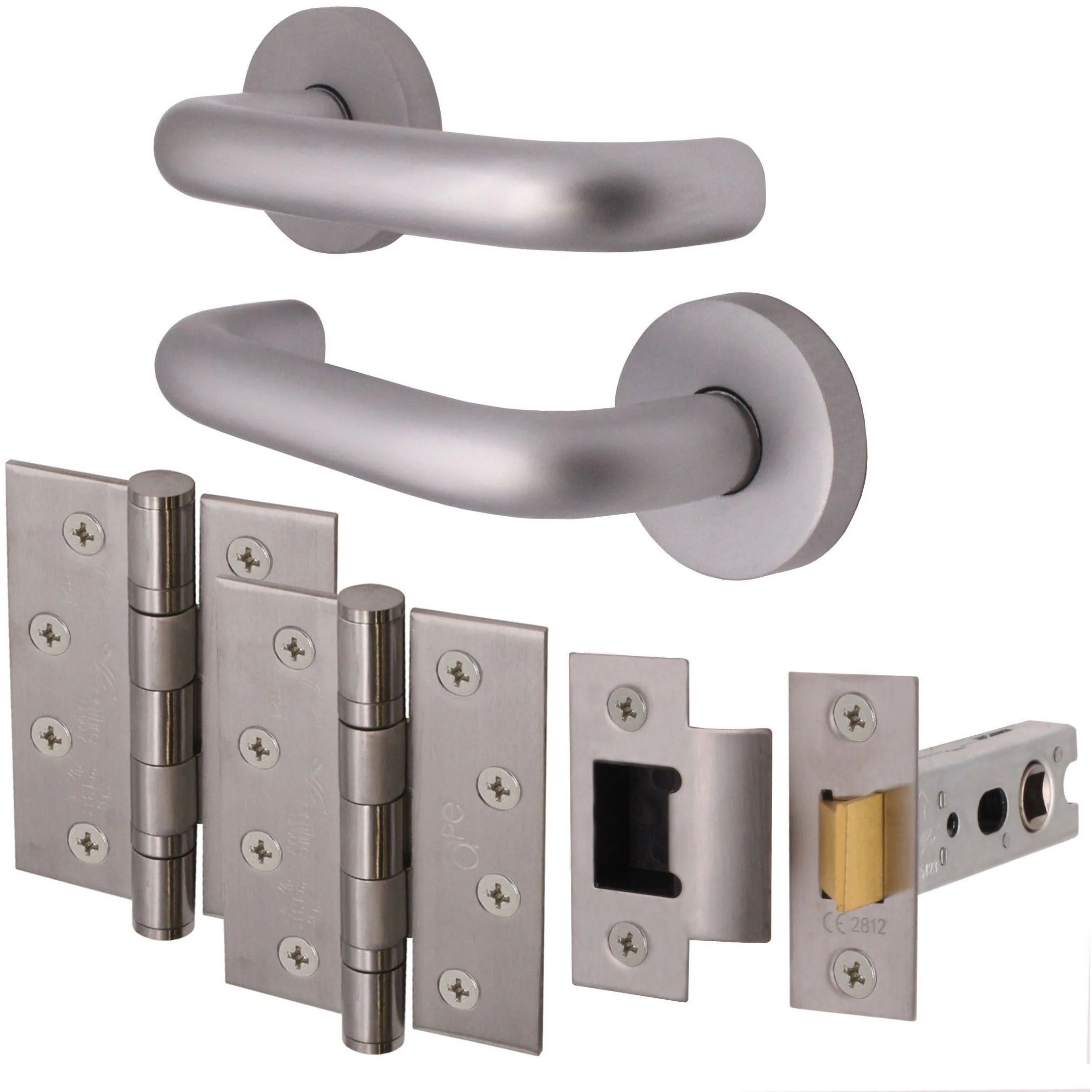 Return To Door Lever on Rose Handle Hinges & Latch Kit – Satin Aluminium - 102mm Hinges -76mm Latch