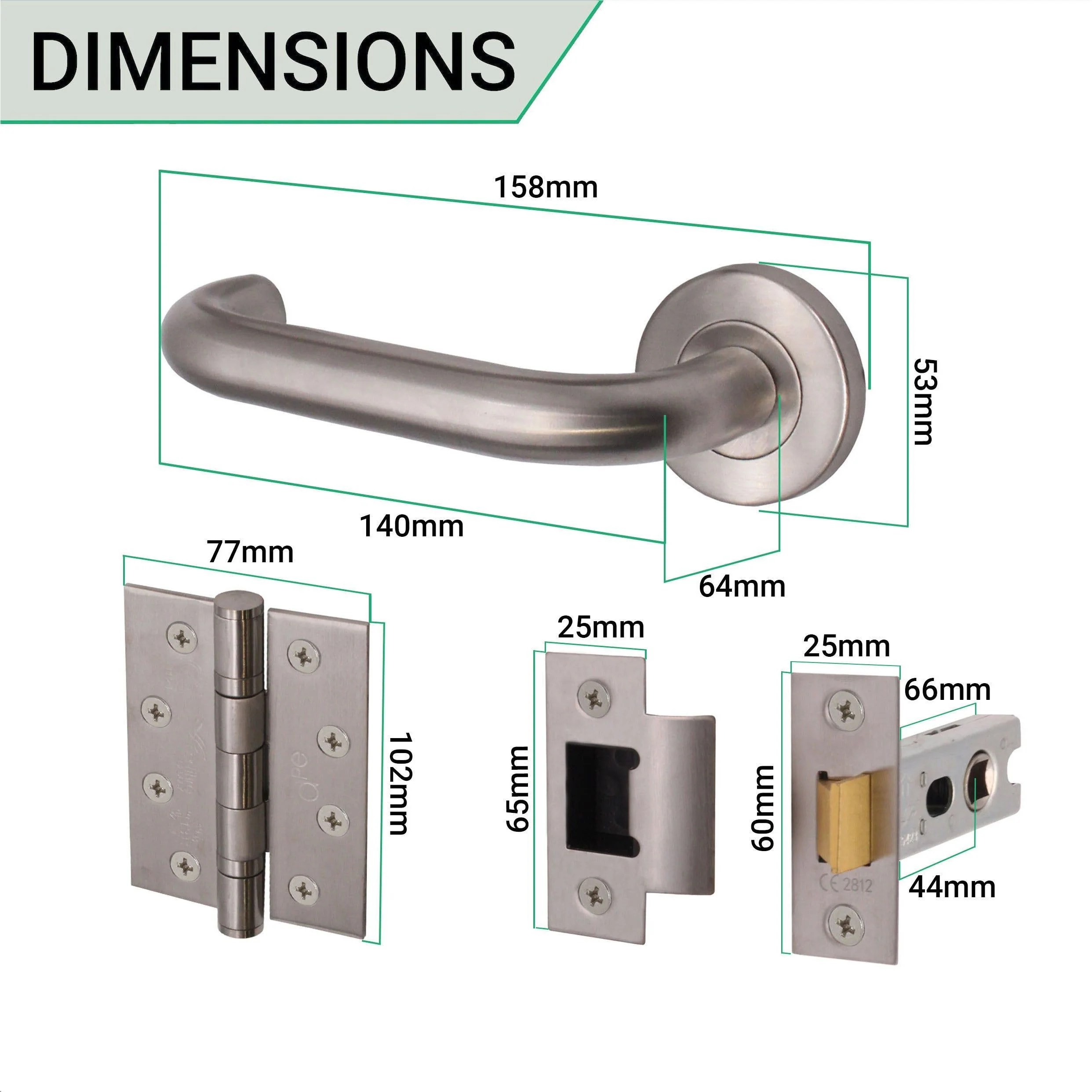 Return To Door Lever on Rose Handle Hinges & Latch Kit – Satin Stainless Steel - 102mm Hinges -66mm Latch - Image 3