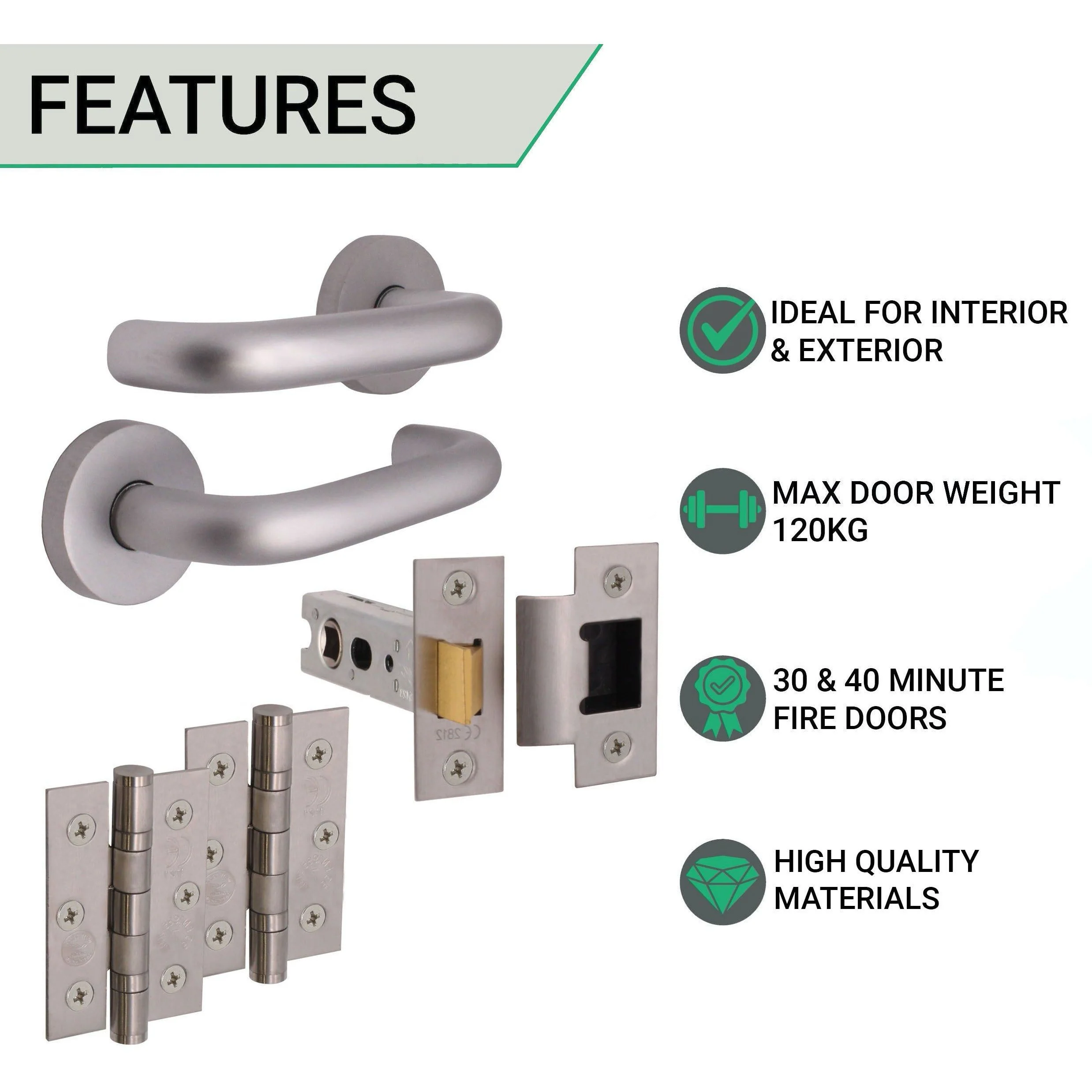 Return To Door Lever on Rose Handle Hinges & Latch Kit – Satin Aluminium - 76mm Hinges -66mm Latch - Image 2