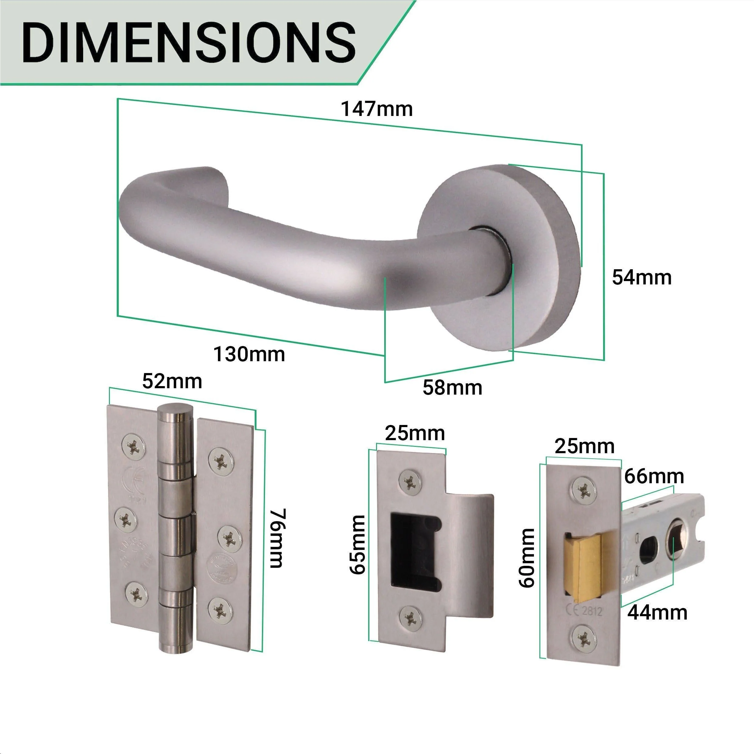 Return To Door Lever on Rose Handle Hinges & Latch Kit – Satin Aluminium - 76mm Hinges -66mm Latch - Image 3