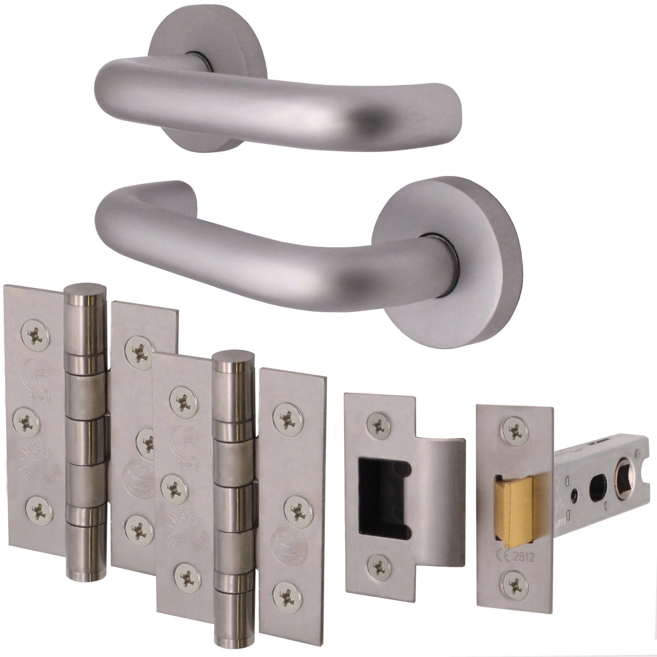 Return To Door Lever on Rose Handle Hinges & Latch Kit – Satin Aluminium - 76mm Hinges - 76mm Latch