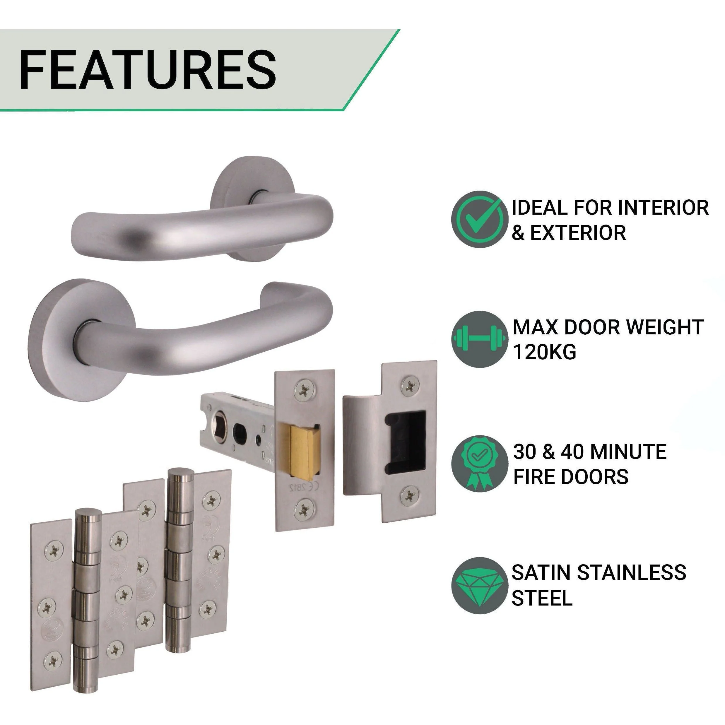 Return To Door Lever on Rose Handle Hinges & Latch Kit – Satin Aluminium - 76mm Hinges - 76mm Latch - Image 2