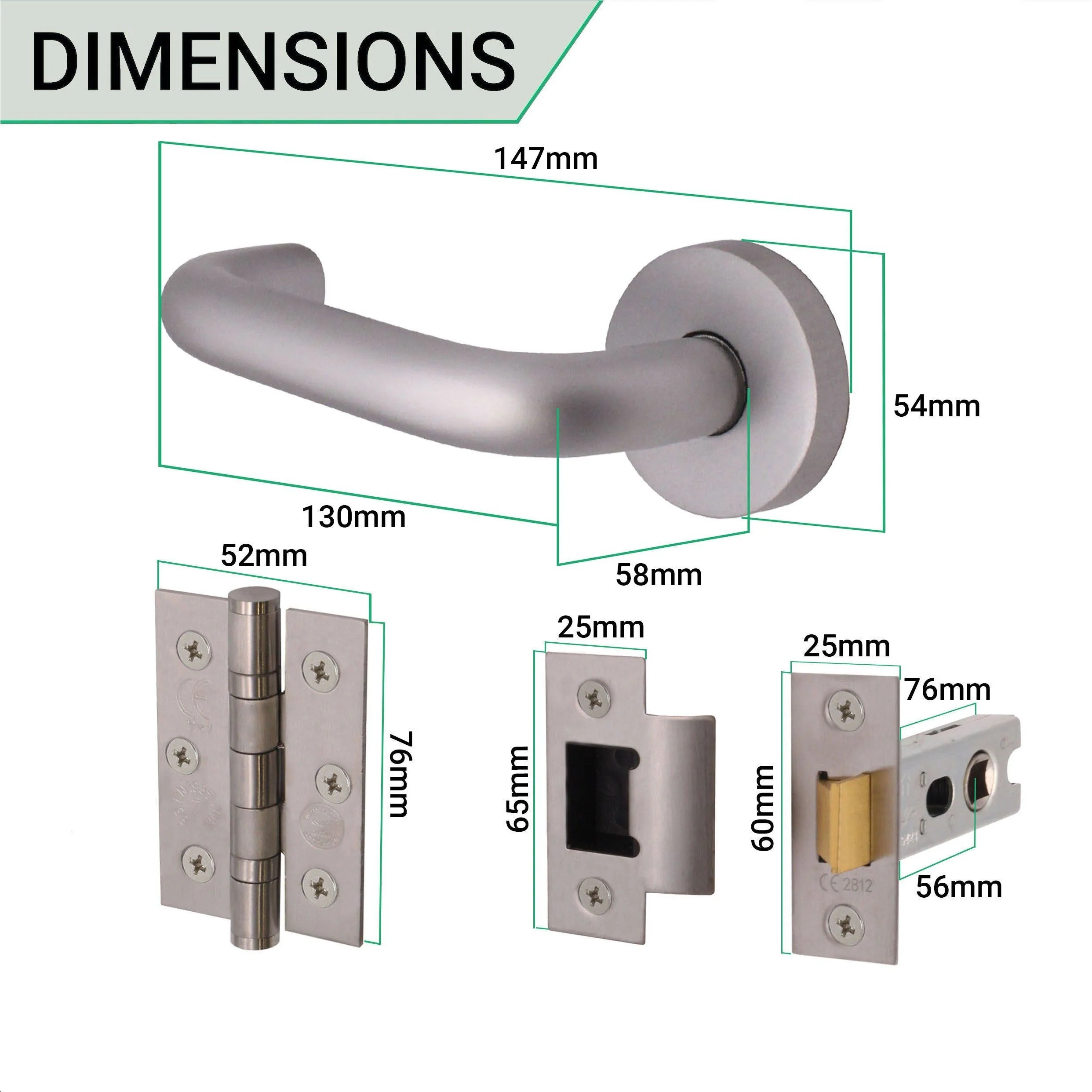 Return To Door Lever on Rose Handle Hinges & Latch Kit – Satin Aluminium - 76mm Hinges - 76mm Latch - Image 3