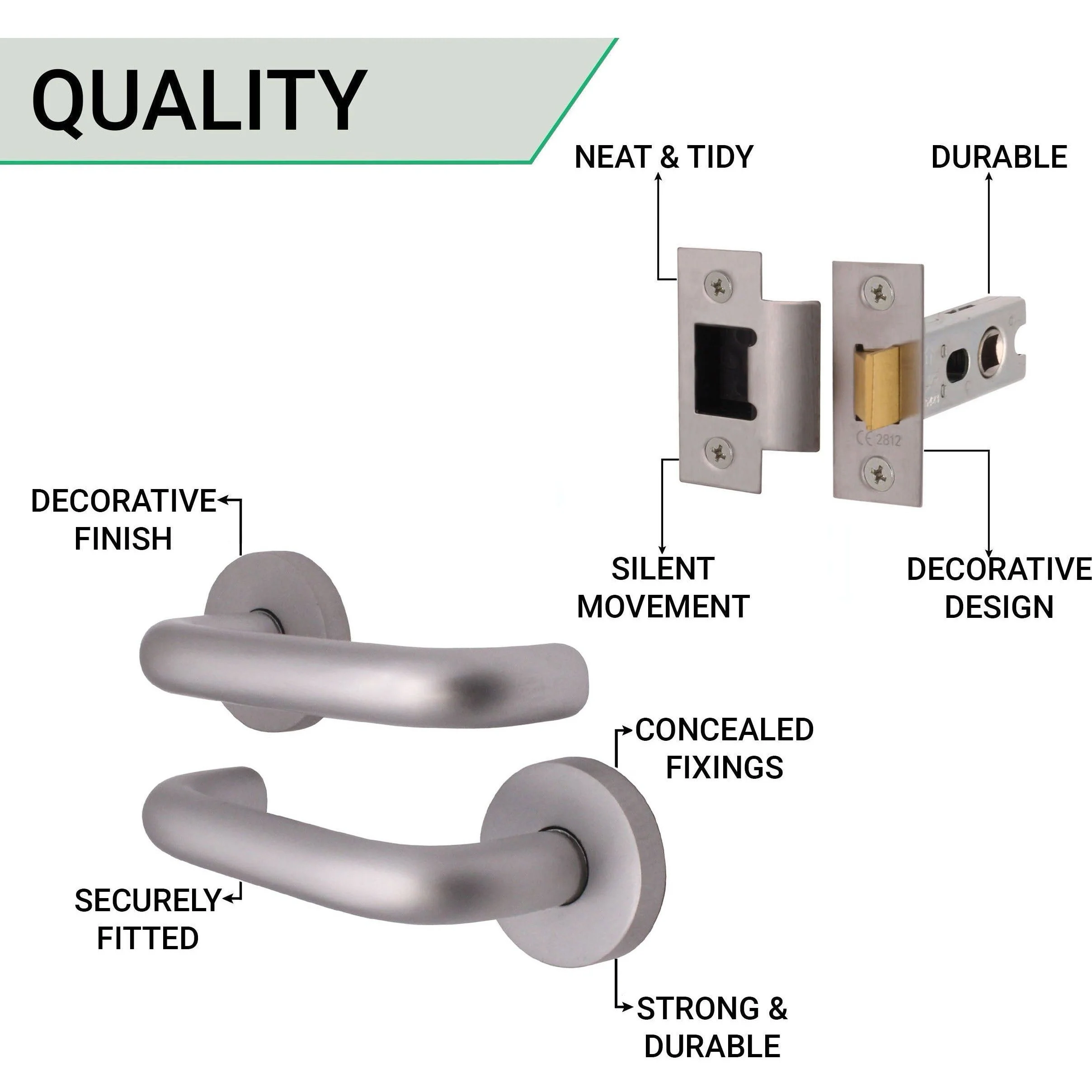Return To Door Lever on Rose Handle & Latch Kit – Satin Aluminium - 66mm Latch - Image 4