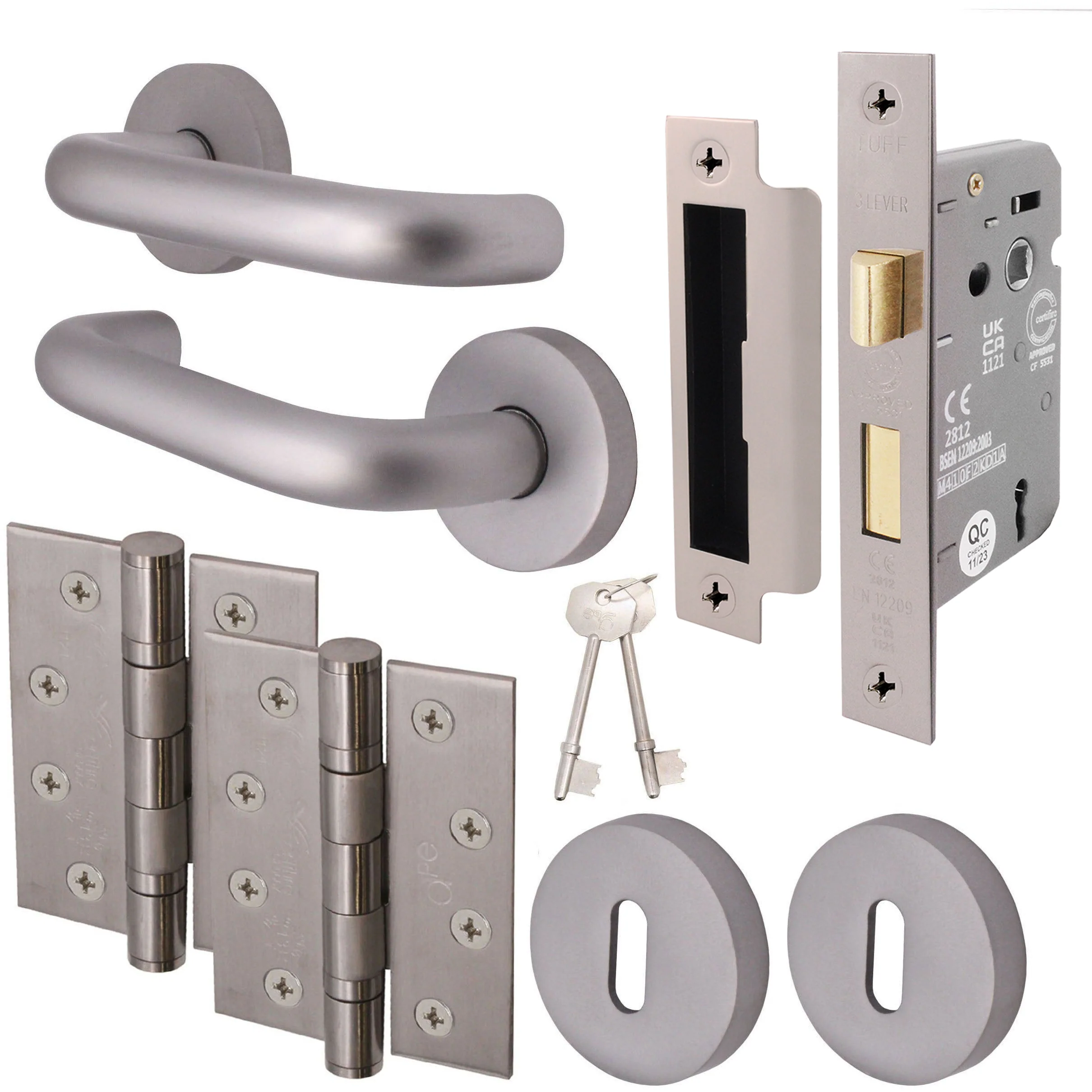 Return To Door Lever on Rose Handle Sash Lock Kit - Satin Aluminium - 102mm Hinges - 64mm Lock
