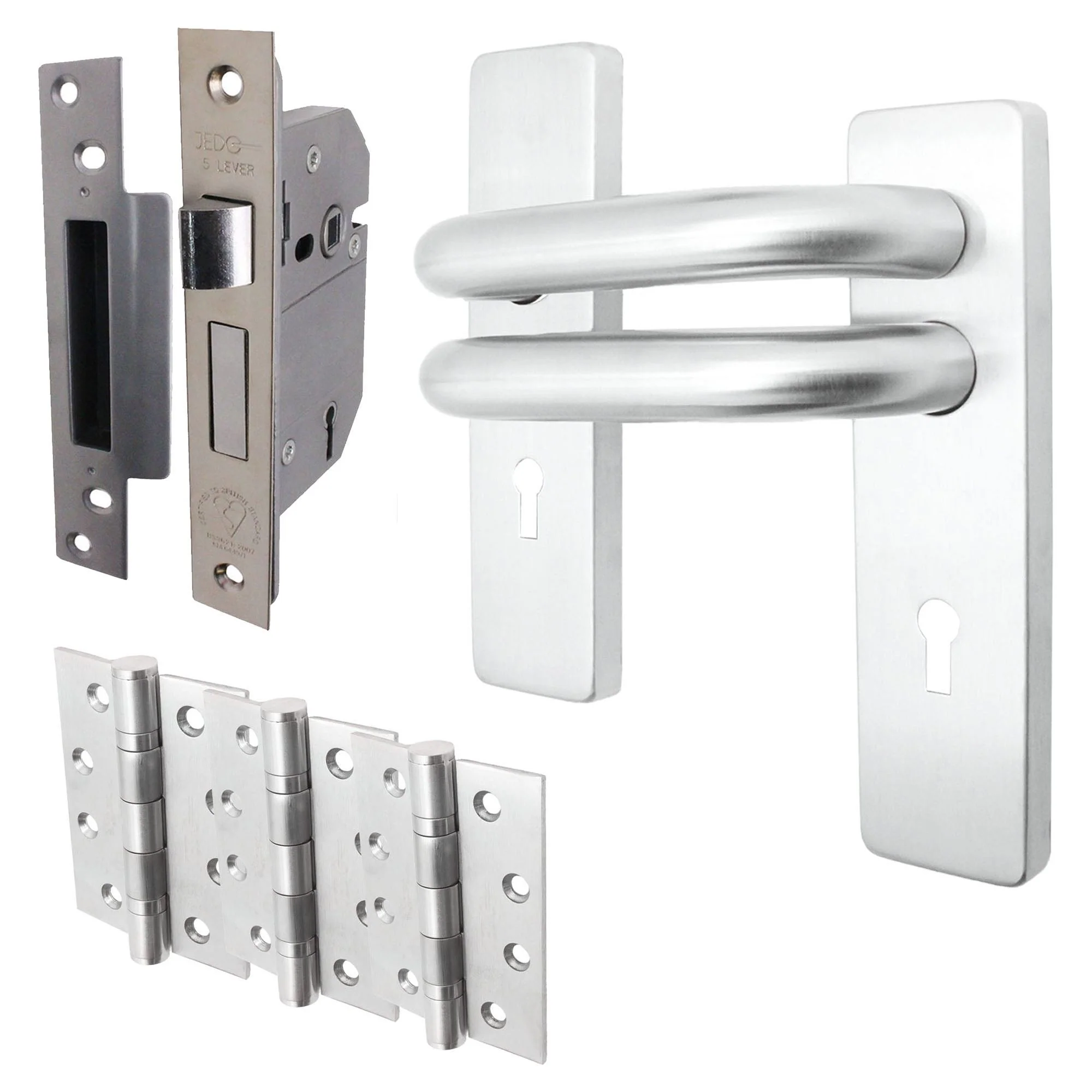 Round Bar 19mm Safety Return To Door 5 Lever Lock Pack - 175 x 44mm - 76mm Lock x 102mm Hinges - Satin Stainless