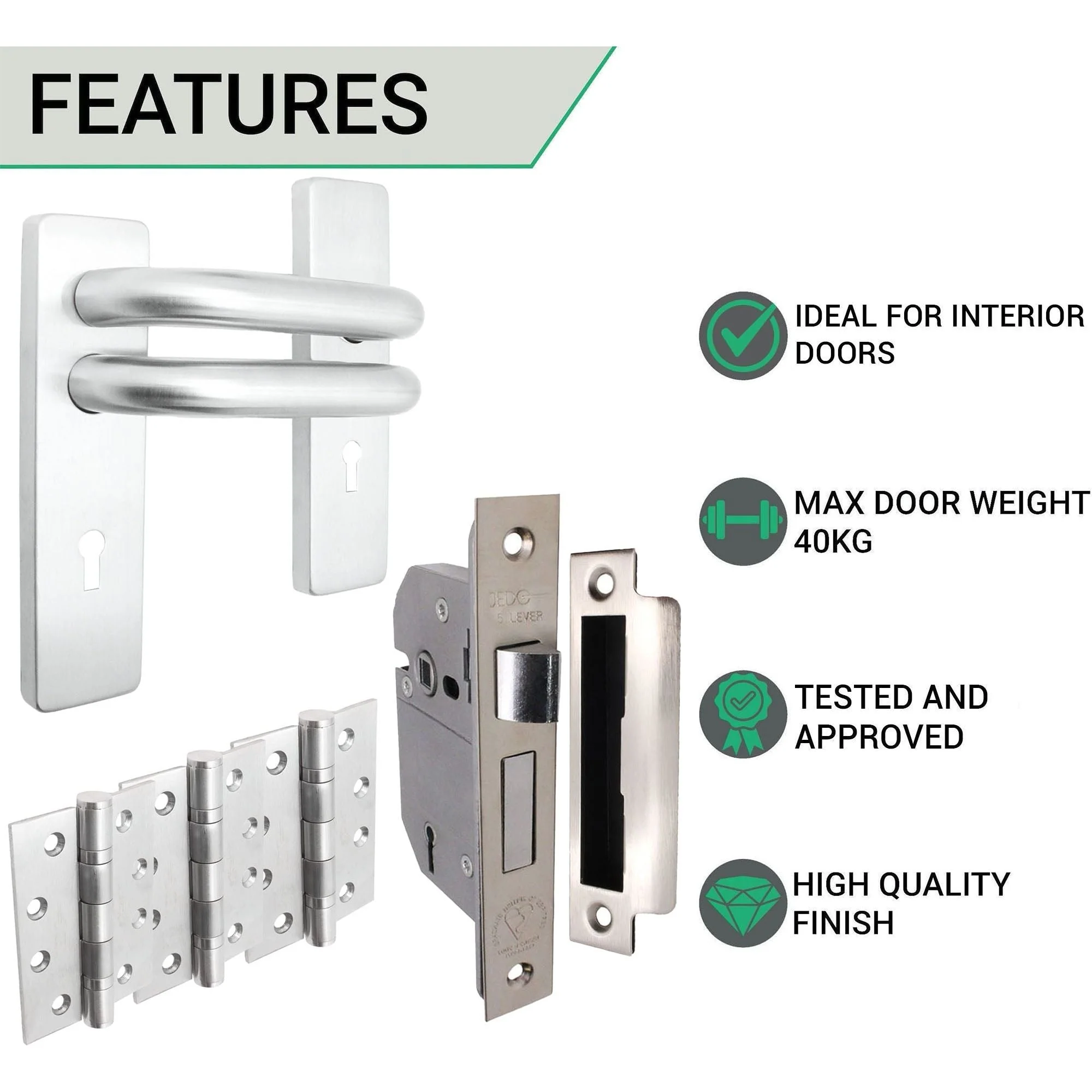 Round Bar 19mm Safety Return To Door 5 Lever Lock Pack - 175 x 44mm - 76mm Lock x 102mm Hinges - Satin Stainless - Image 3