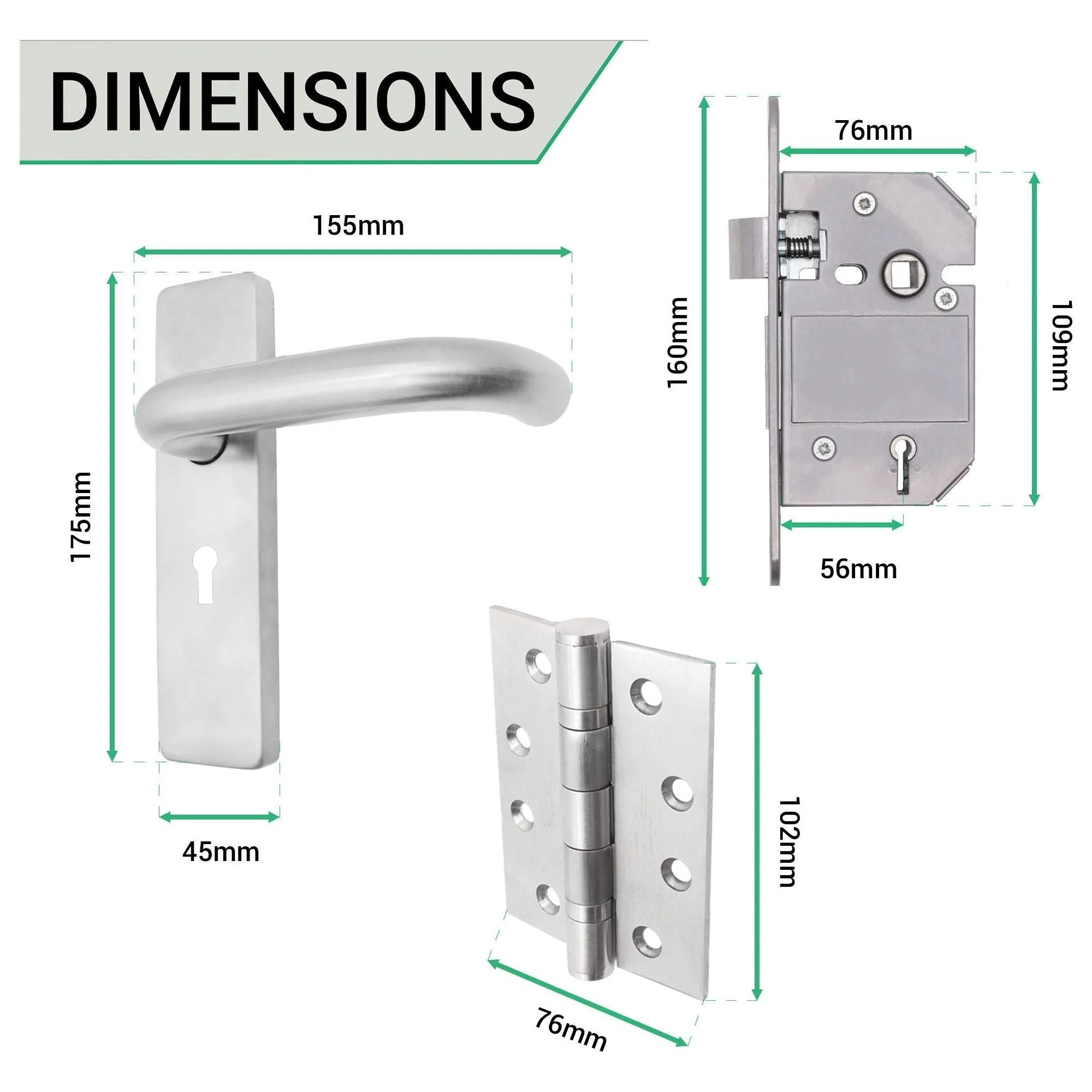 Round Bar 19mm Safety Return To Door 5 Lever Lock Pack - 175 x 44mm - 76mm Lock x 102mm Hinges - Satin Stainless - Image 4