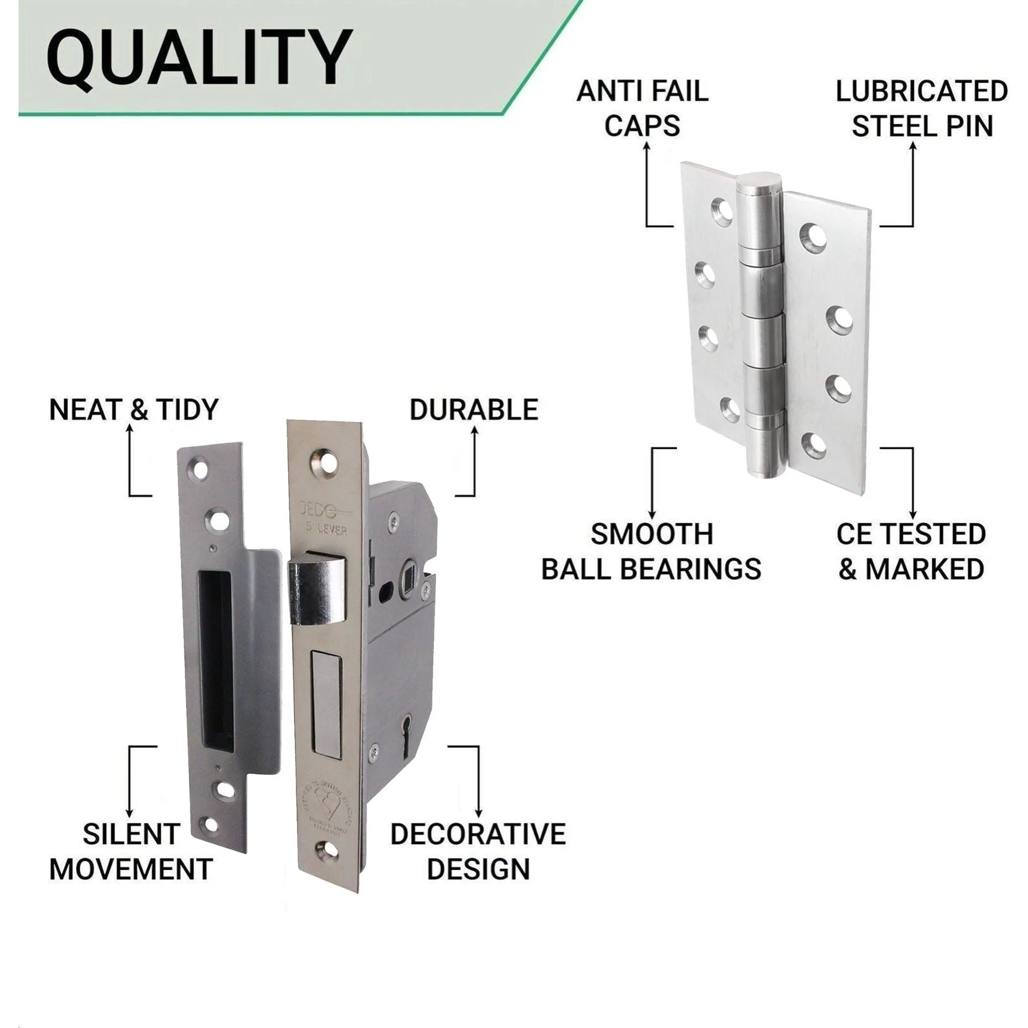 Round Bar 19mm Safety Return To Door 5 Lever Lock Pack - 175 x 44mm - 76mm Lock x 102mm Hinges - Satin Stainless - Image 5