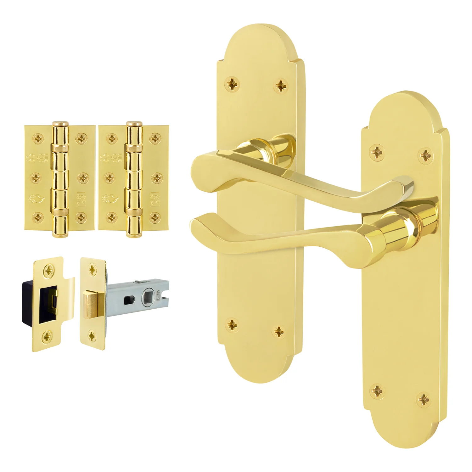 Victorian Rectory Polished Brass Lever Door Handle Pack - 64mm Latch - 76mm Hinges