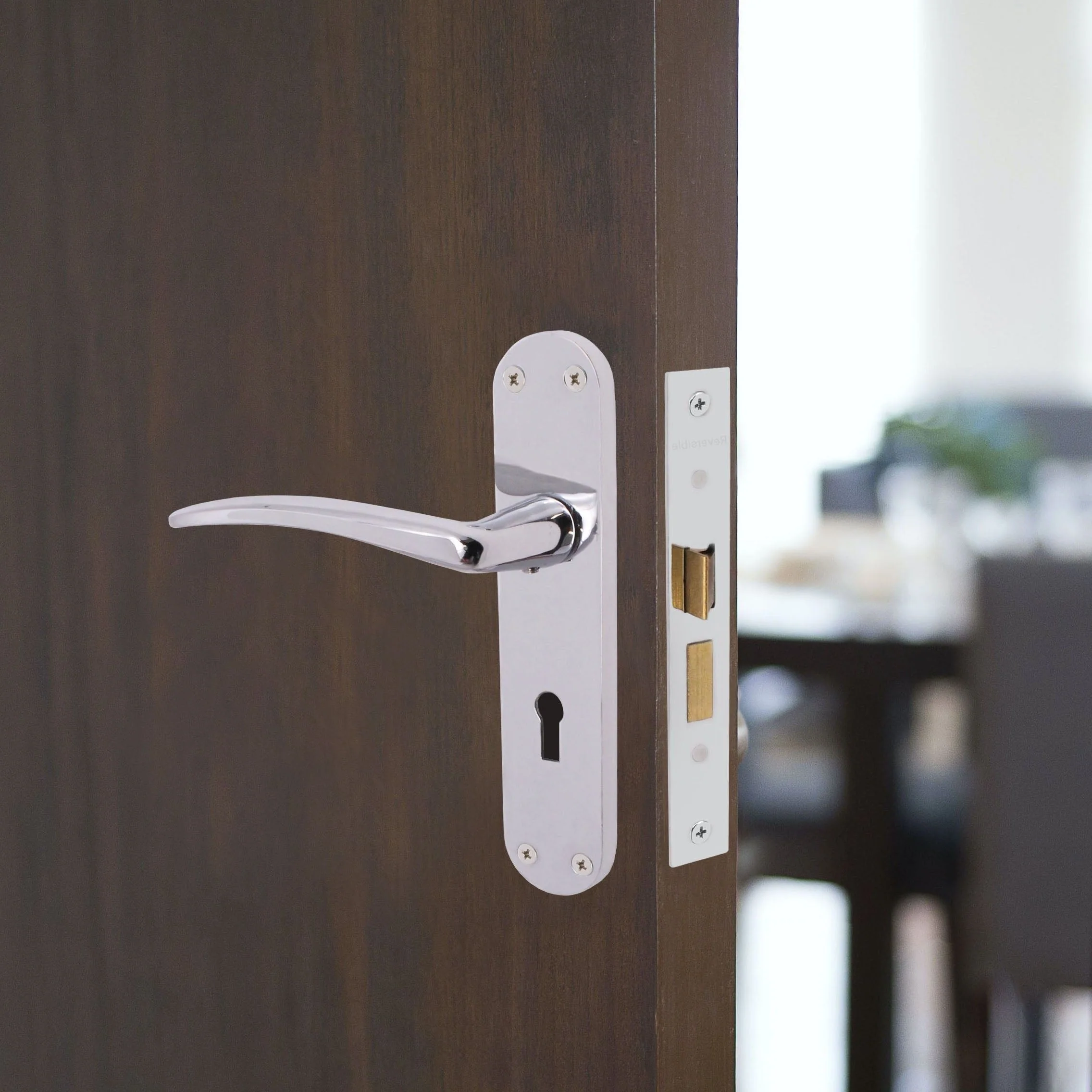 Chrome Lever Door Handles on Backplate Lock Door Handles Zeno Design - 180mm - Polished Chrome - Image 5