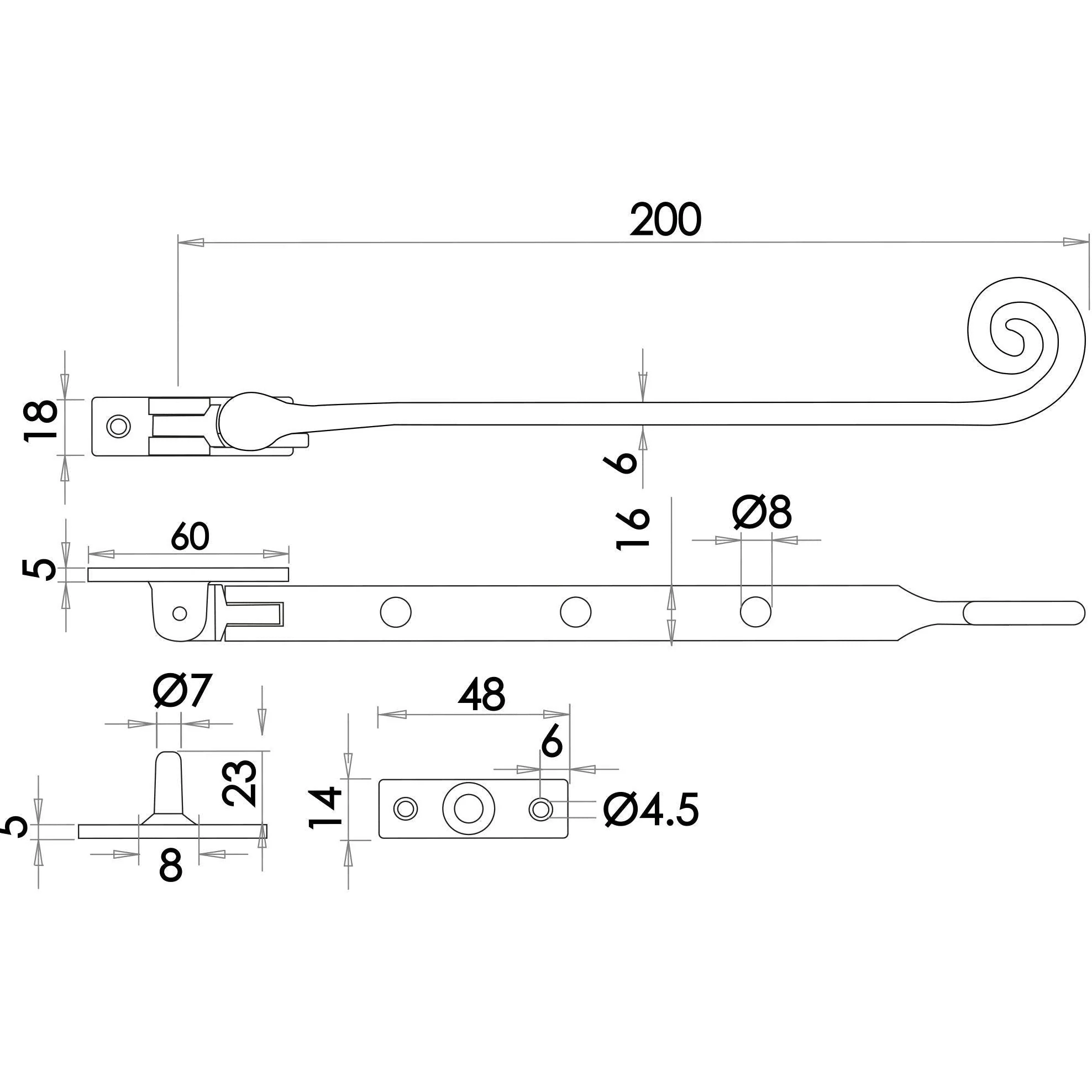 Curly Tail Casement Stay - 200mm - Black Antique - Image 3