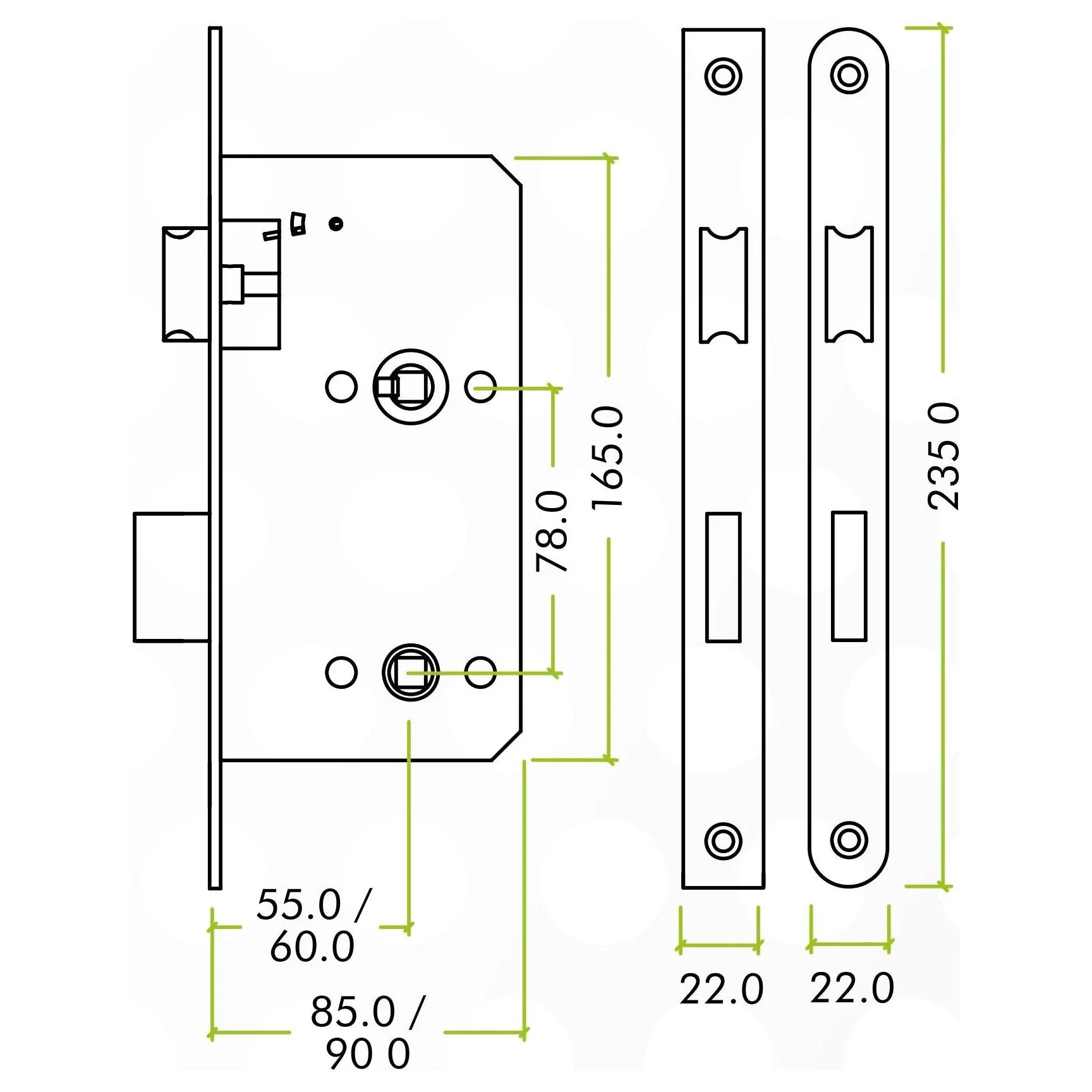 Fire Rated DIN Bathroom Lock - 60mm Backset / 90mm Case / 72mm Centres - Matt Black - Image 3