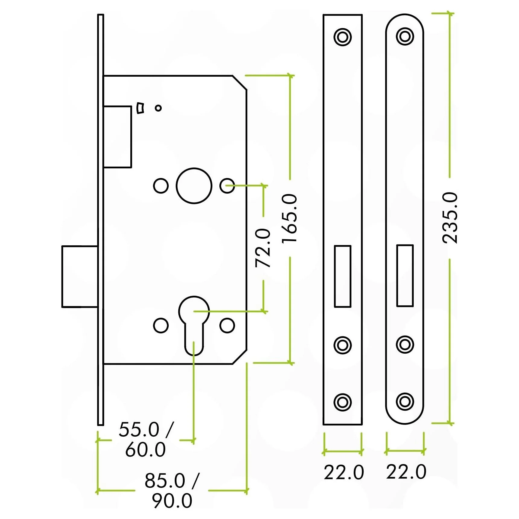 Fire Rated DIN Deadlock Lock - 60mm Backset / 90mm Case / 72mm Centres - Matt Black - Image 2
