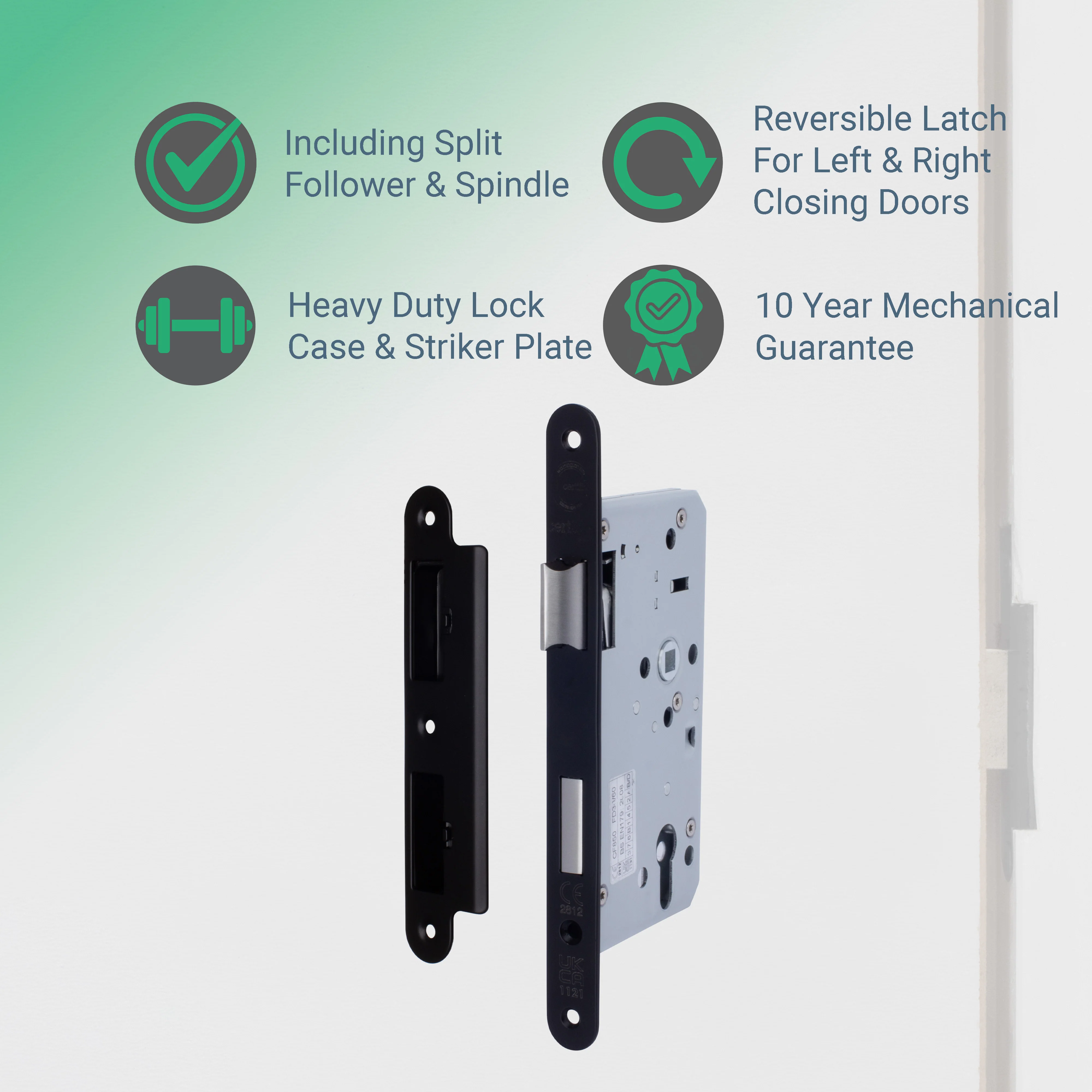 DIN Euro Profile Escape Sashlock Case - Radius Forend - 60mm Backset / 90mm Case - Matt Black - Image 2