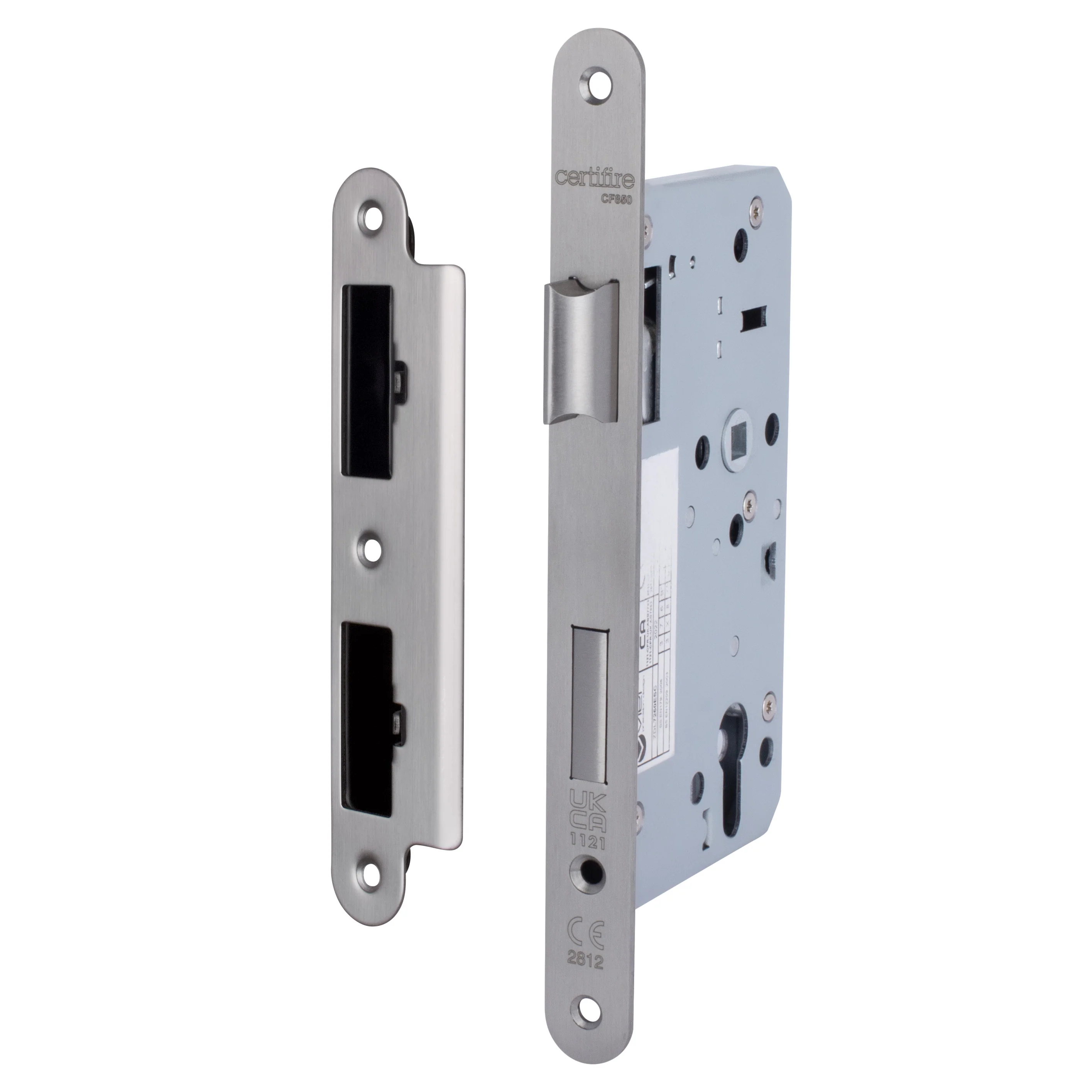 DIN Euro Profile Escape Sashlock Case - Radius Forend - 60mm Backset / 90mm Case - Satin Stainless Steel