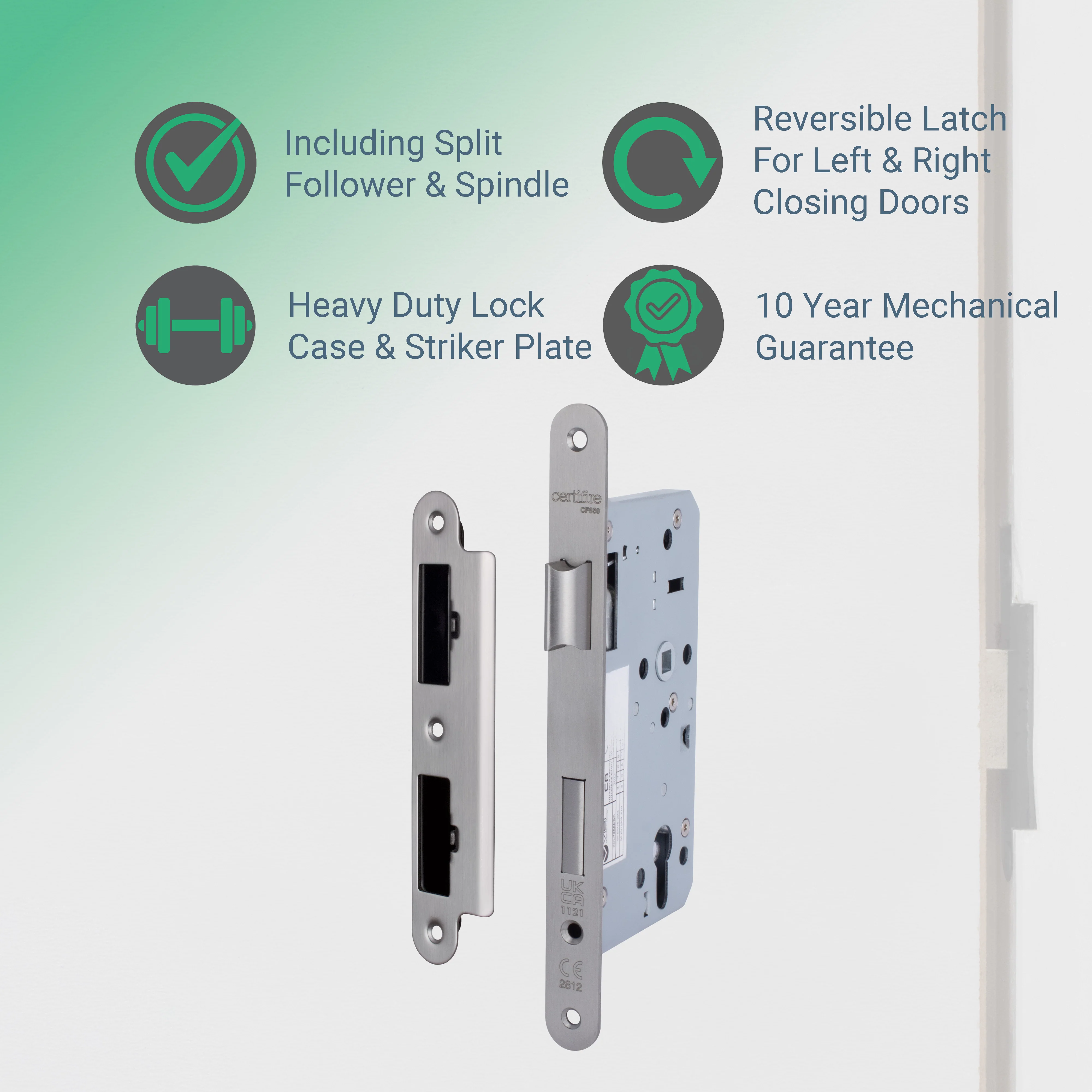 DIN Euro Profile Escape Sashlock Case - Radius Forend - 60mm Backset / 90mm Case - Satin Stainless Steel - Image 2