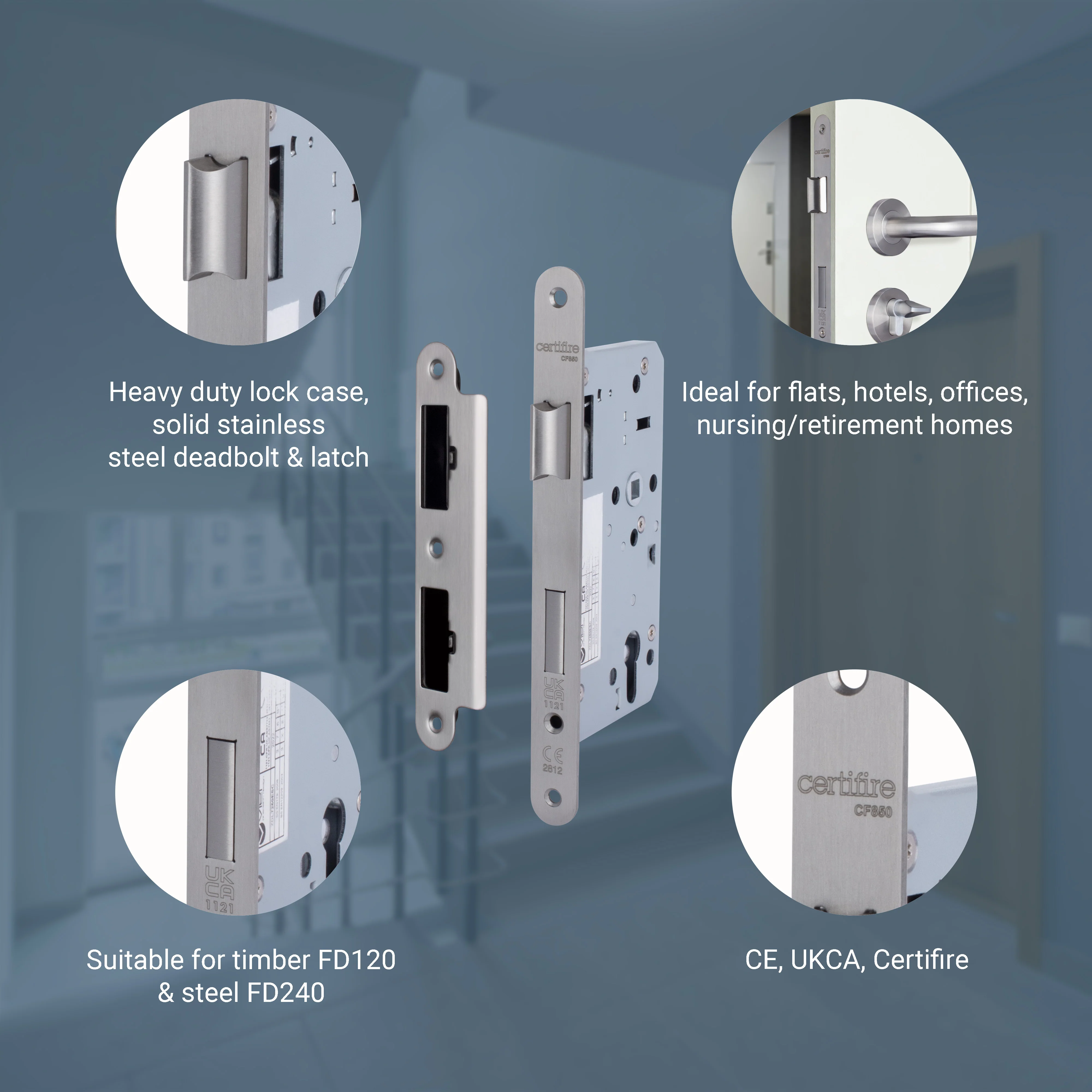 DIN Euro Profile Escape Sashlock Case - Radius Forend - 60mm Backset / 90mm Case - Satin Stainless Steel - Image 3