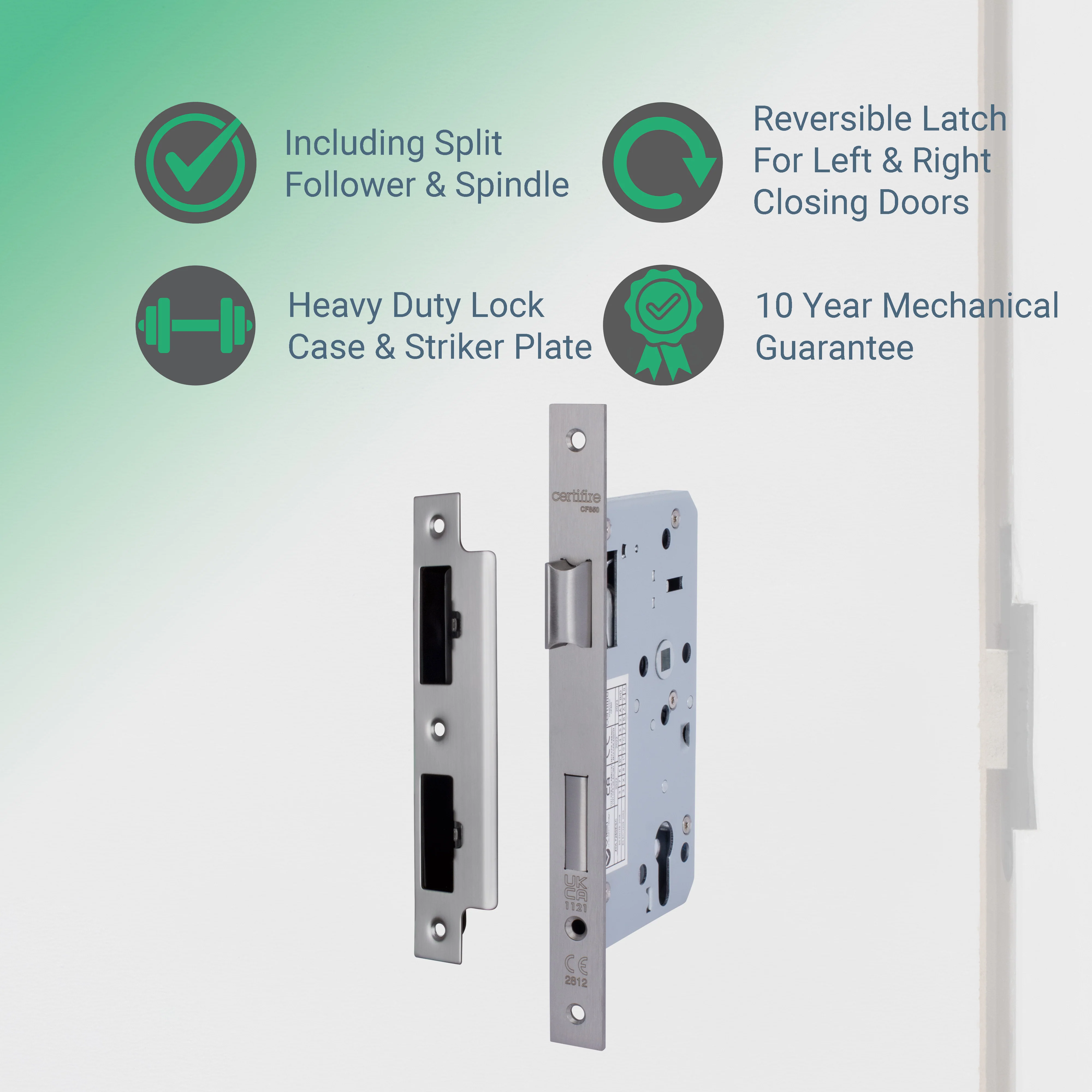 DIN Euro Profile Escape Sashlock Case - Square Forend - 60mm Backset / 90mm Case - Satin Stainless Steel - Image 2