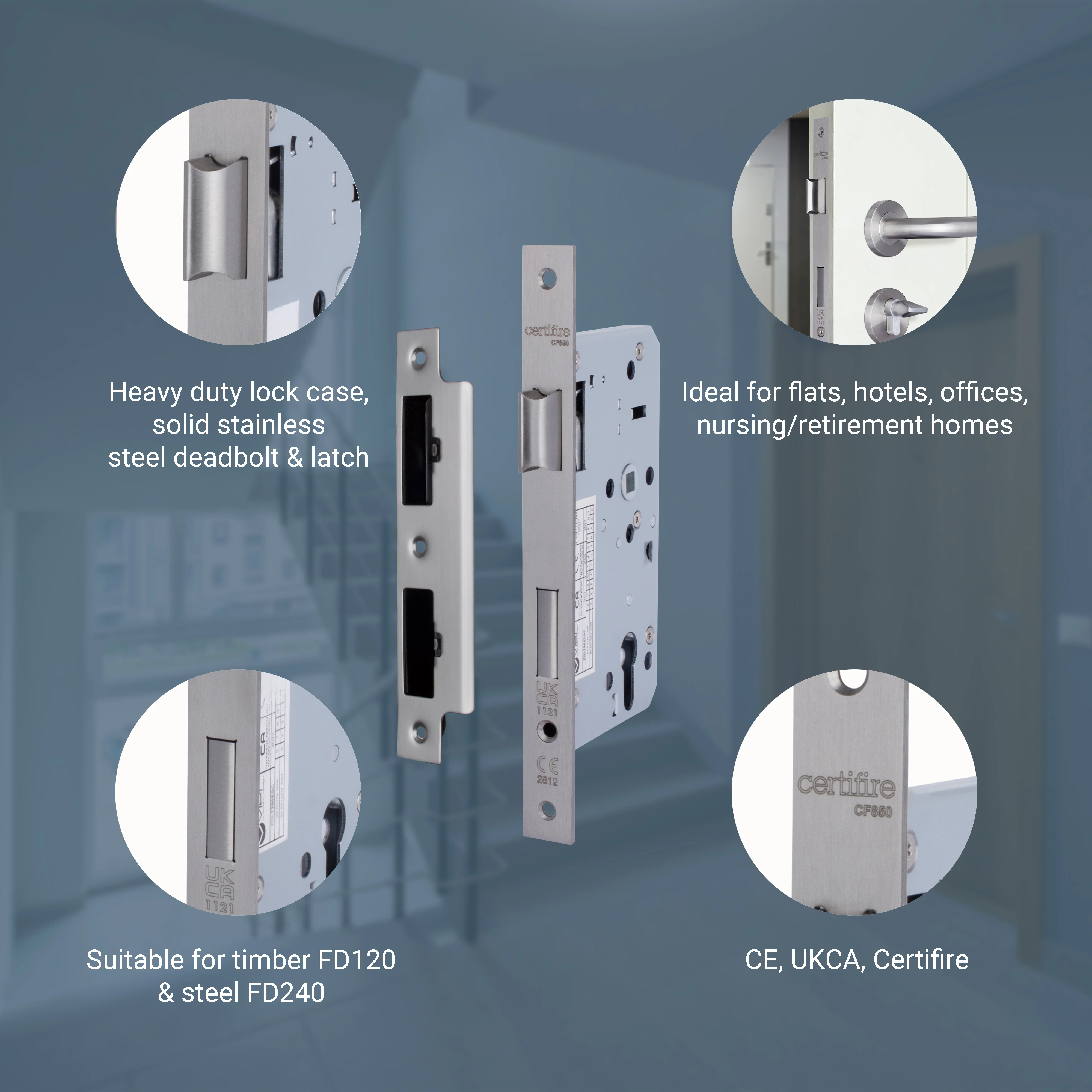 DIN Euro Profile Escape Sashlock Case - Square Forend - 60mm Backset / 90mm Case - Satin Stainless Steel - Image 3