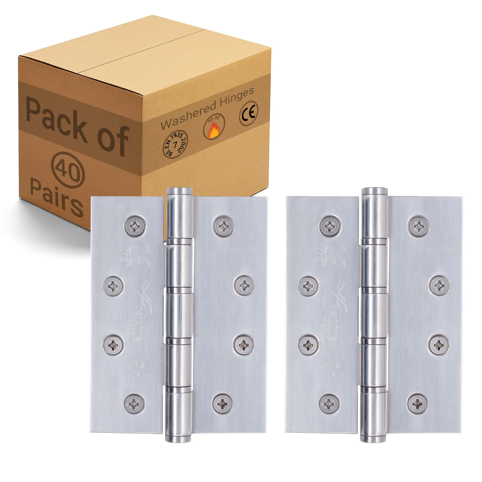 Door Hinges Grade 7 Stainless Steel Washered - 101.6x76.2x2.0mm - Polished Stainless - Case of 40 Pairs