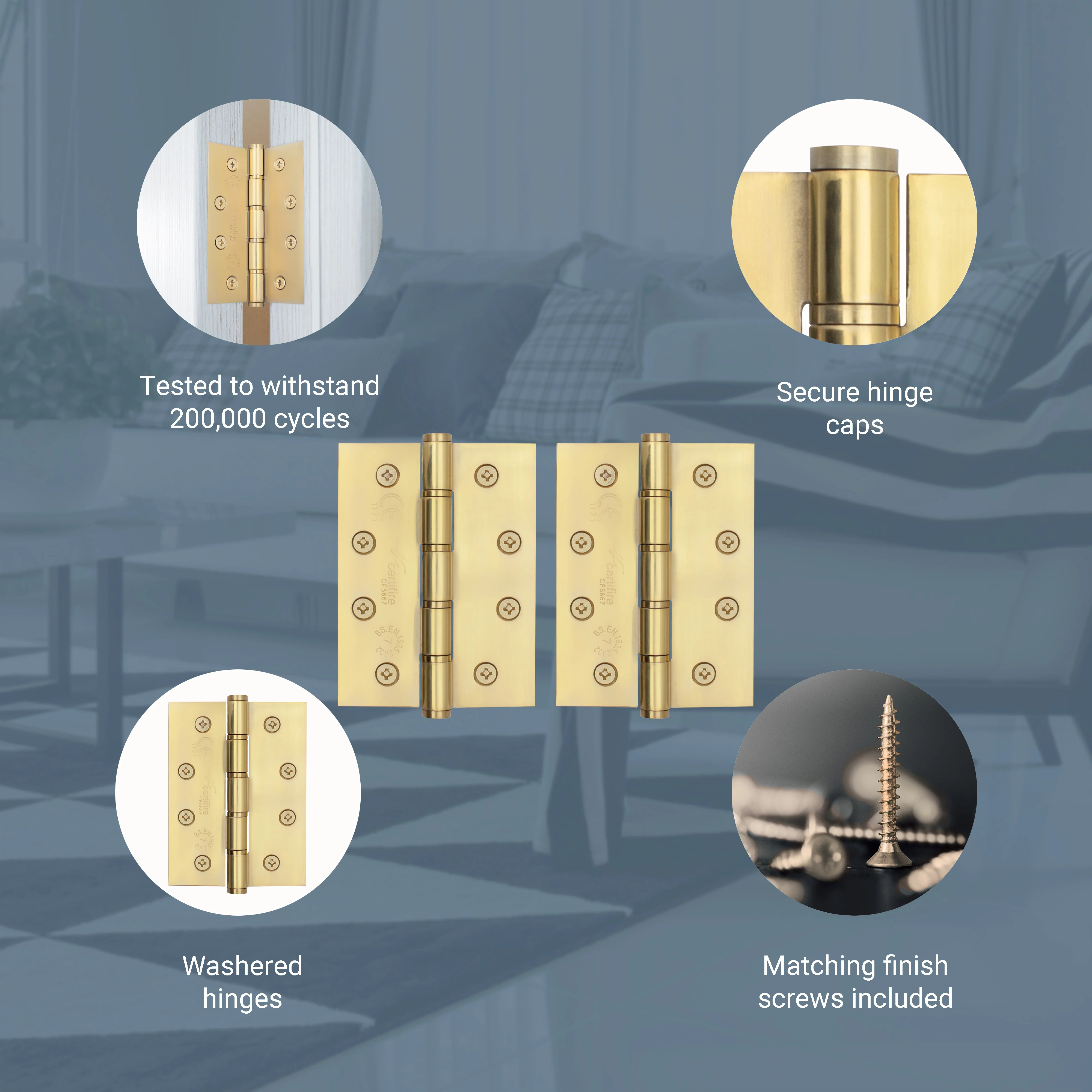 Door Hinges Grade 7 Stainless Steel Washered - 101.6x76.2x2.0mm - PVD Brass - Case of 40 Pairs - Image 3