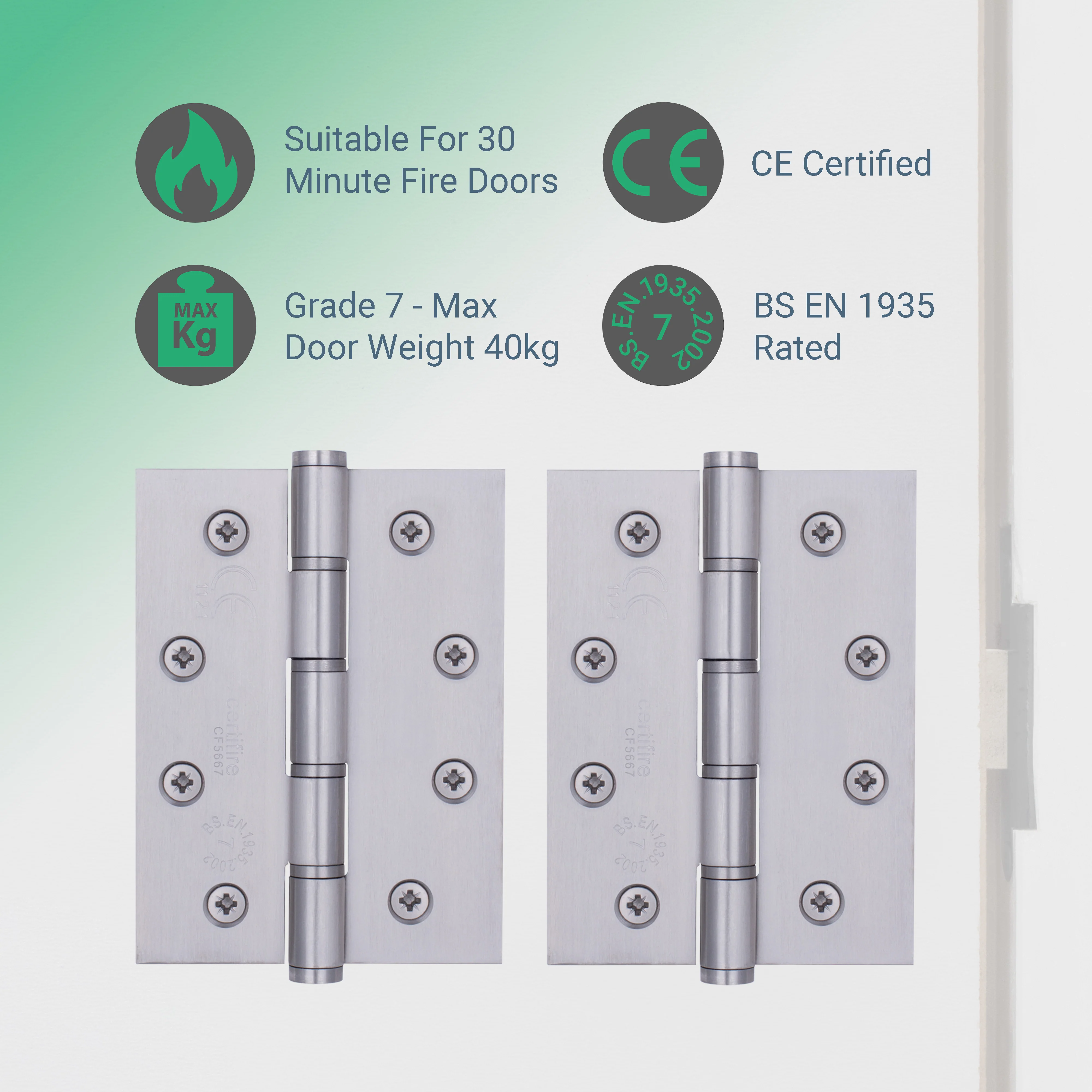 Door Hinges Grade 7 Stainless Steel Washered - 101.6x76.2x2.0mm - Satin Stainless - Case of 40 Pairs - Image 2