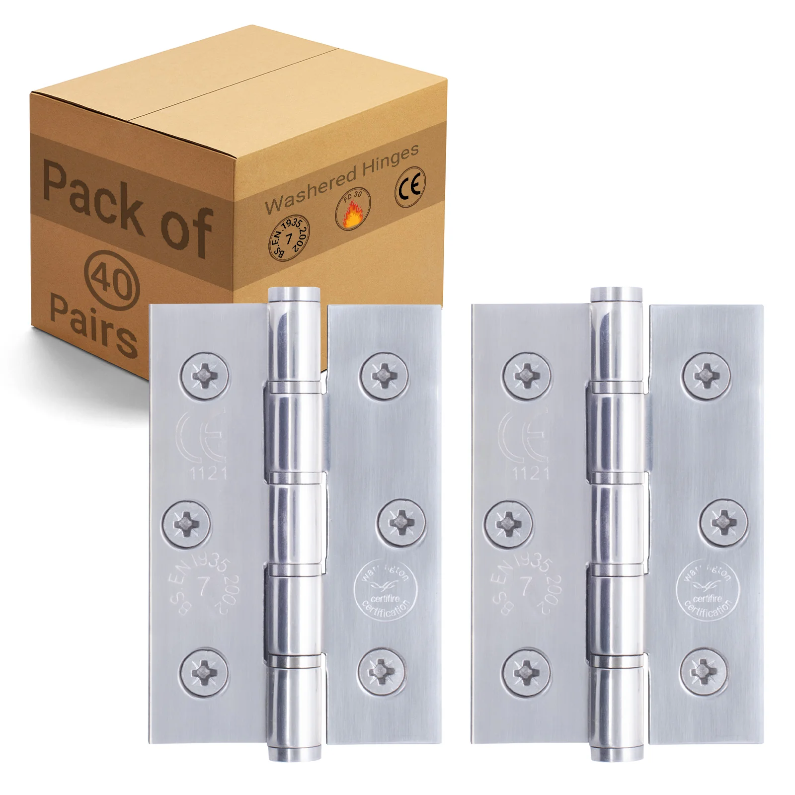 Door Hinges Grade 7 Stainless Steel Washered - 76x50.8x2mm - Polished Stainless - Case of 40 Pairs