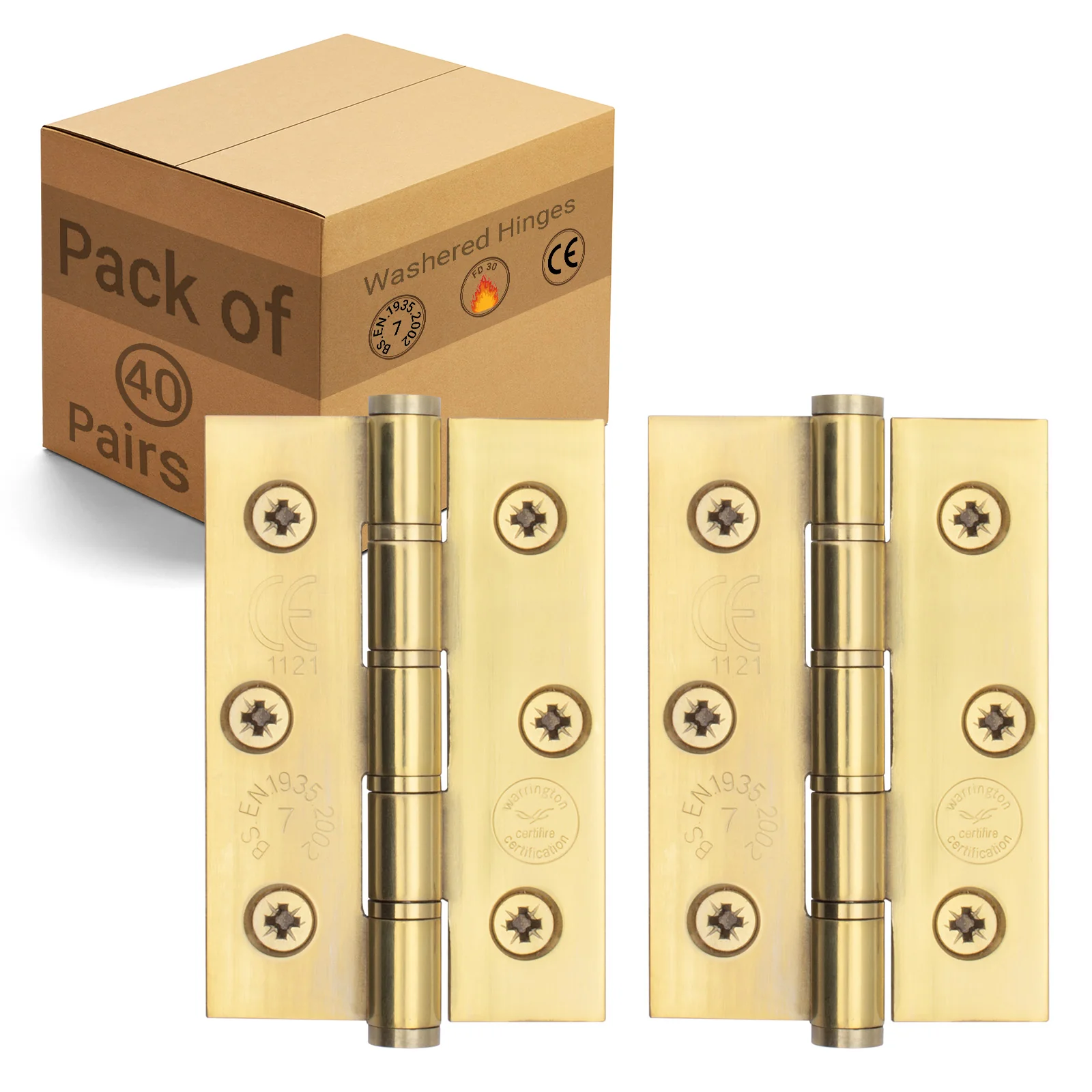 Door Hinges Grade 7 Stainless Steel Washered - 76x51x2mm - PVD Brass - Case of 40 Pairs