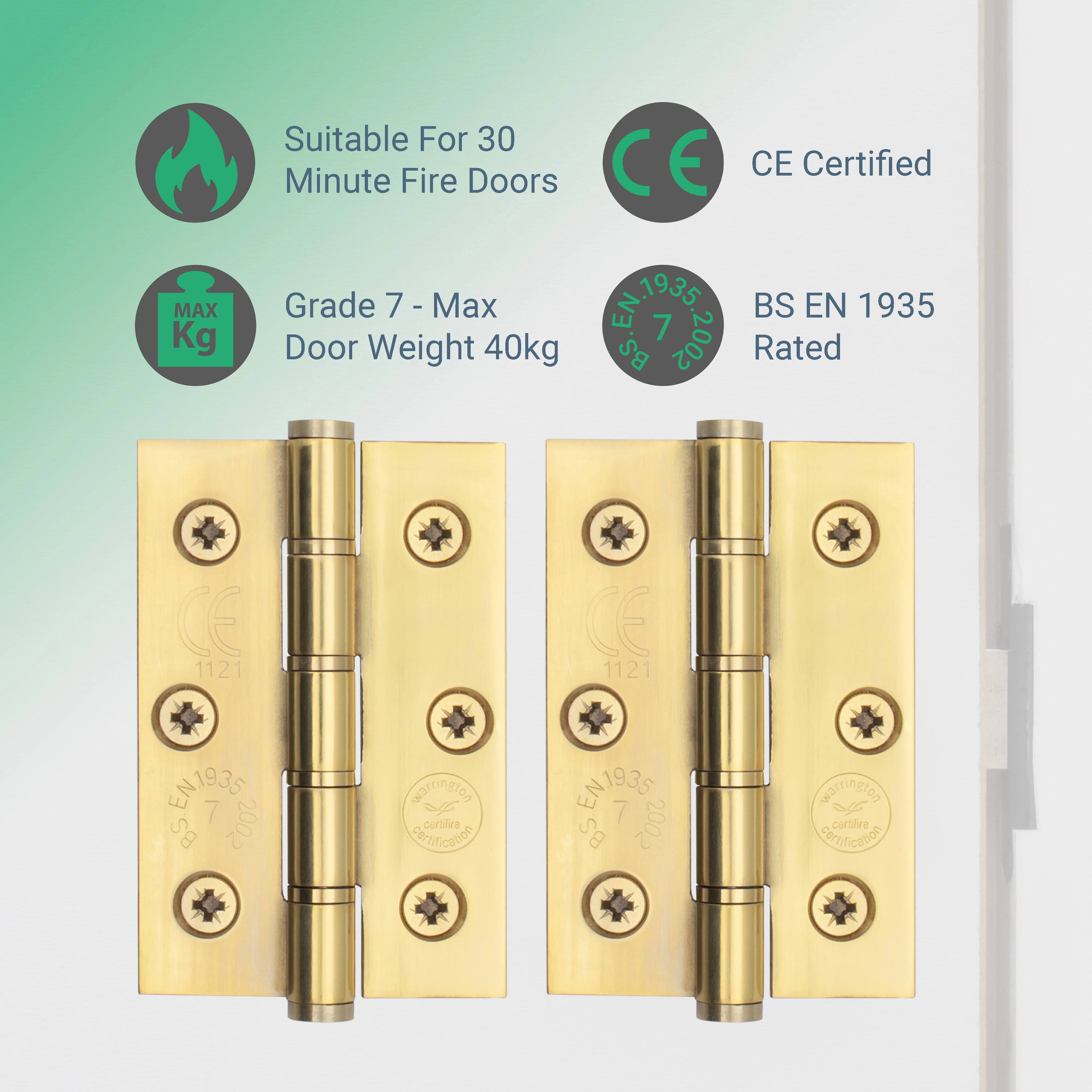 Door Hinges Grade 7 Stainless Steel Washered - 76x51x2mm - PVD Brass - Case of 40 Pairs - Image 2