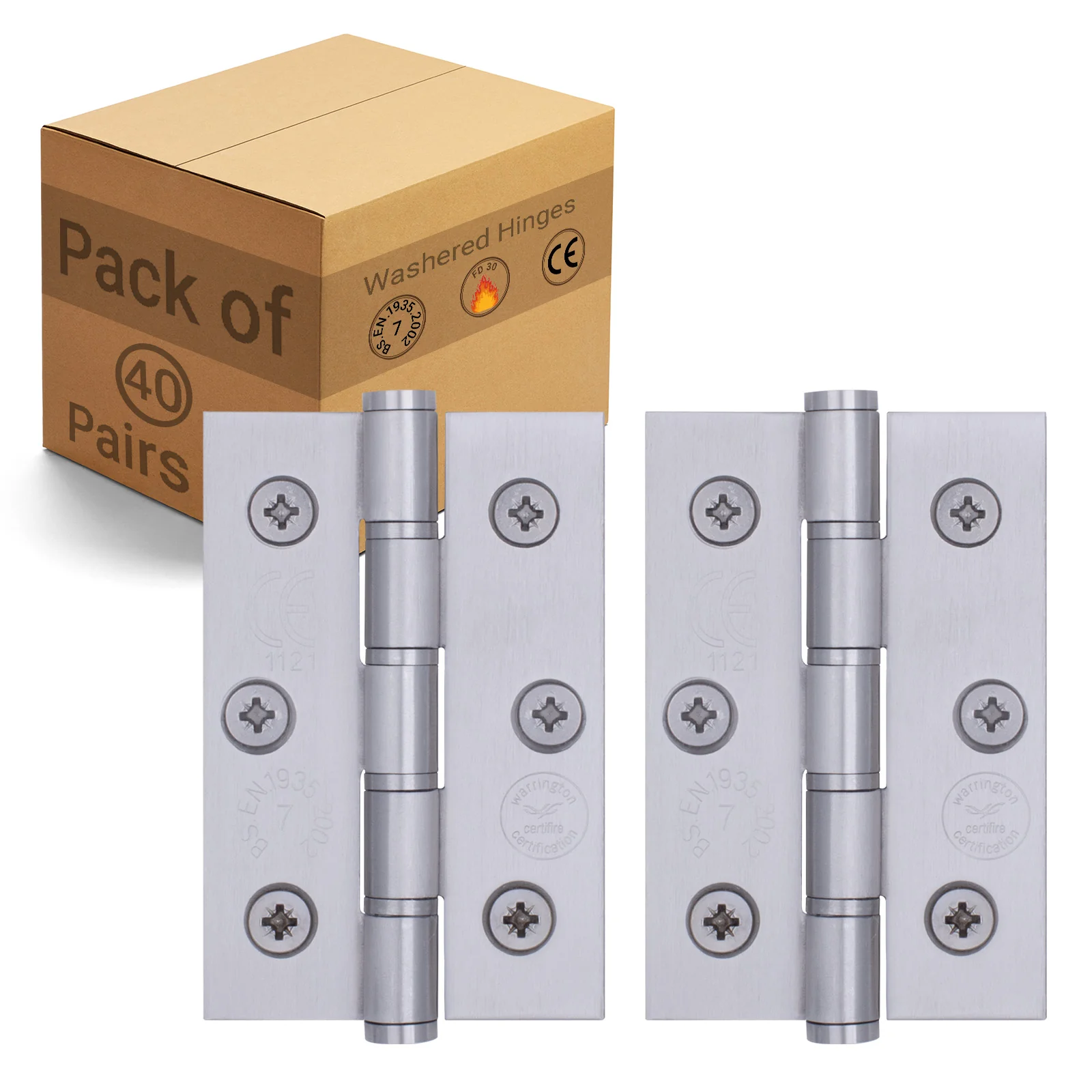 Door Hinges Grade 7 Stainless Steel Washered - 76x50.8x2mm - Satin Stainless - Case of 40 Pairs