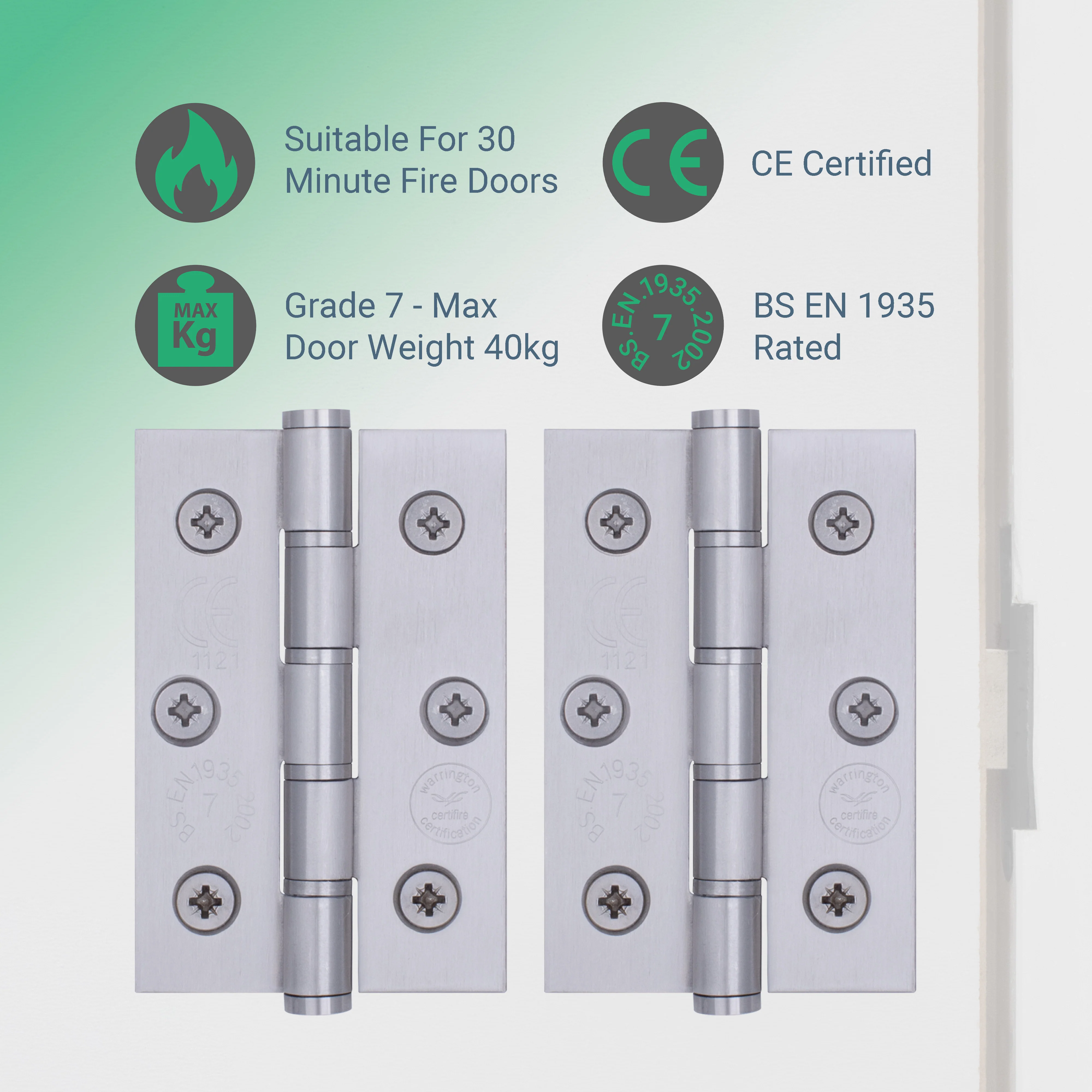 Door Hinges Grade 7 Stainless Steel Washered - 76x50.8x2mm - Satin Stainless - Case of 40 Pairs - Image 2