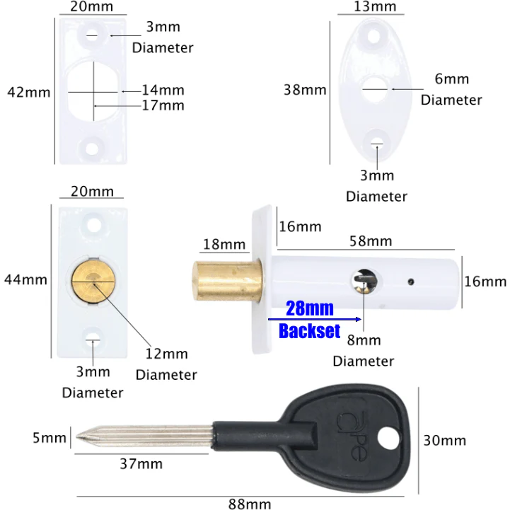 Concealed Door Security Rack Bolts Pack of 2 + 2 Keys - 61mm - Satin Chrome - Image 3
