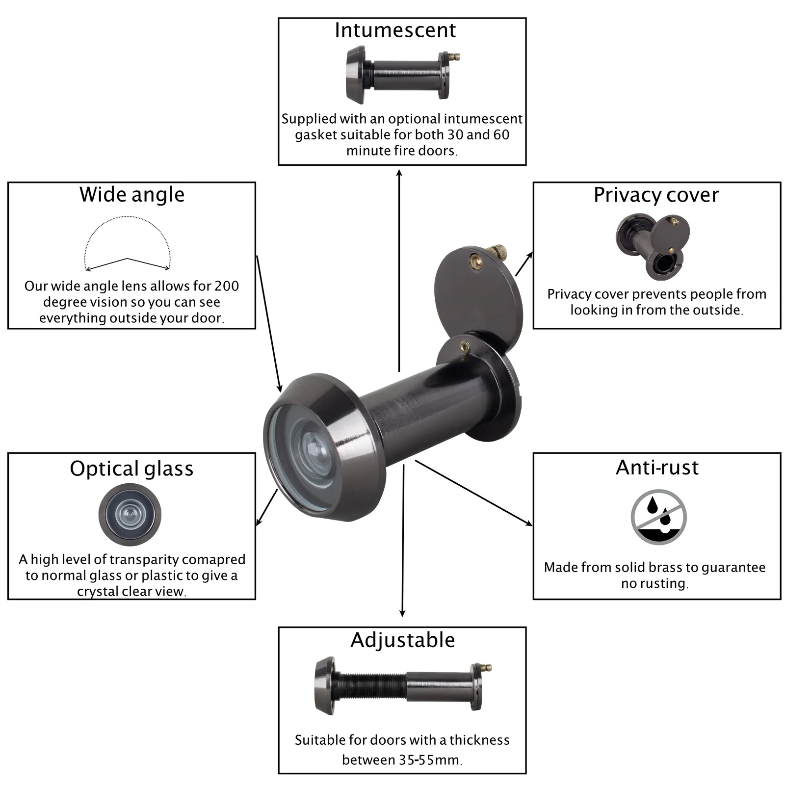 Fire Rated Door Viewer 200 Degree Glass Lens - 14mm Dia. - 35-55mm Doors - Black Nickel - Image 3