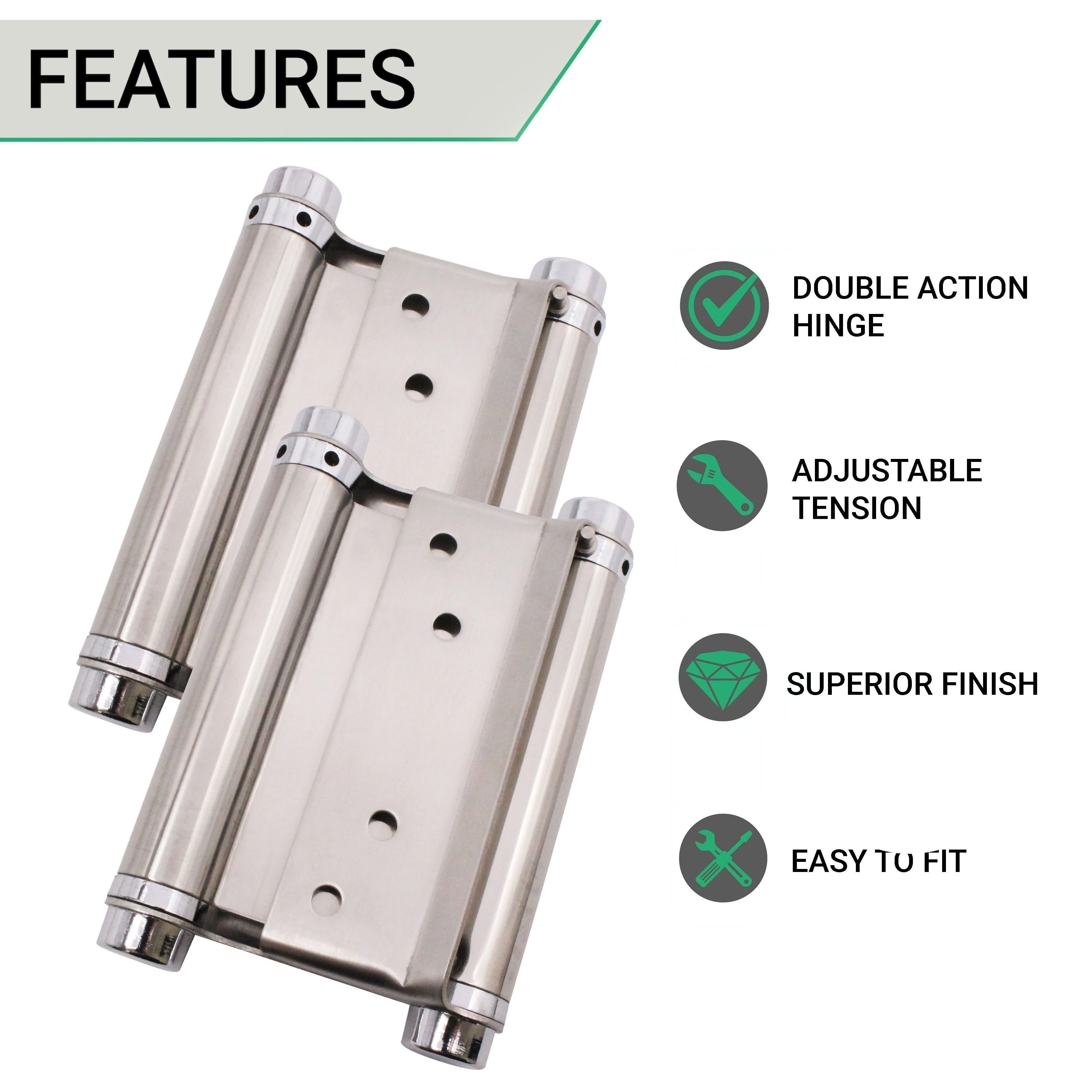 Double Action Spring Hinges 4" Stainless Steel - 102mm - Satin - Pair - Including Screws - Image 3